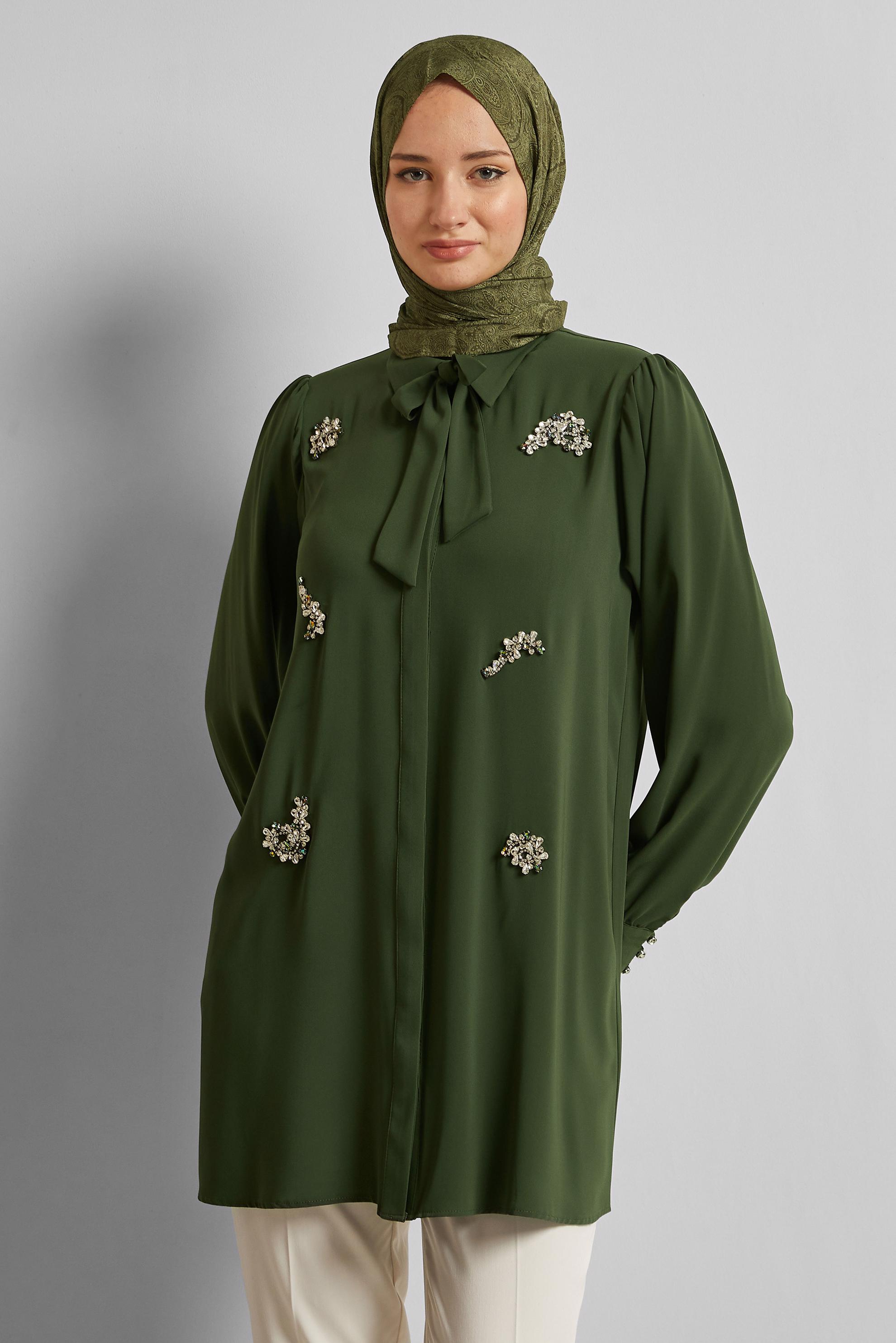 Tesettür giyim HAKİ TAŞ BASKILI TUNİK 45487