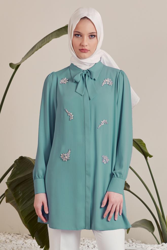 Hijab-Kleidung BLAU TUNIKA MIT JEWEILIGEN STICKEREIEN 45487 - ALVİNA