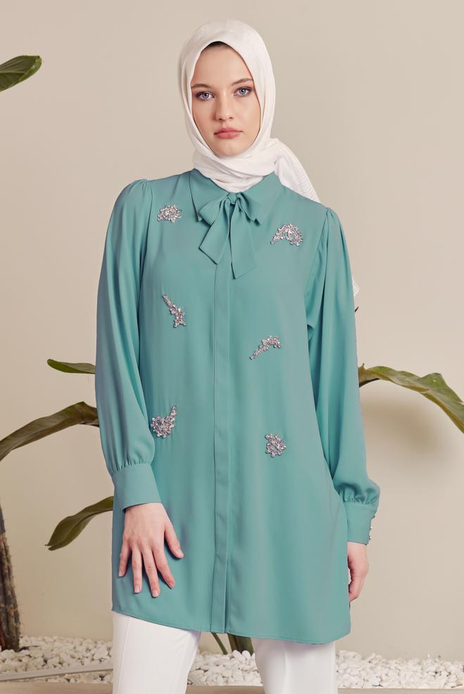 Hijab-Kleidung BLAU TUNIKA MIT JEWEILIGEN STICKEREIEN 45487 - ALVİNA