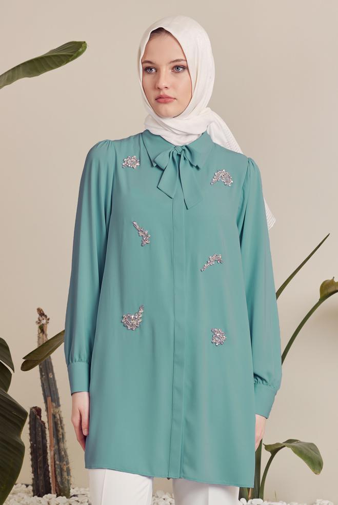 Hijab-Kleidung BLAU TUNIKA MIT JEWEILIGEN STICKEREIEN 45487 - ALVİNA