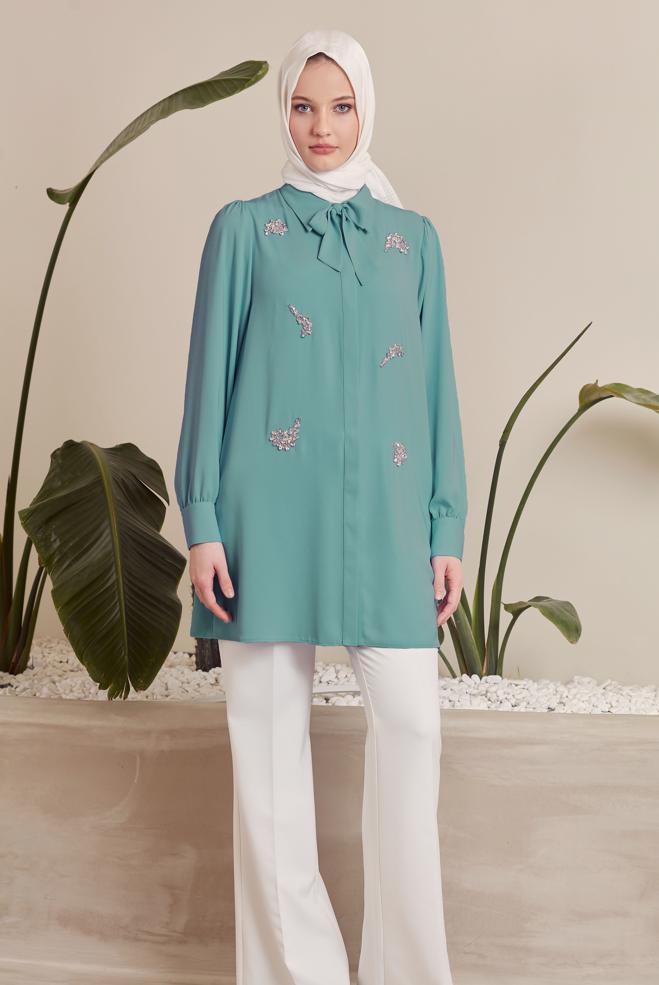 Hijab-Kleidung BLAU TUNIKA MIT JEWEILIGEN STICKEREIEN 45487 - ALVİNA