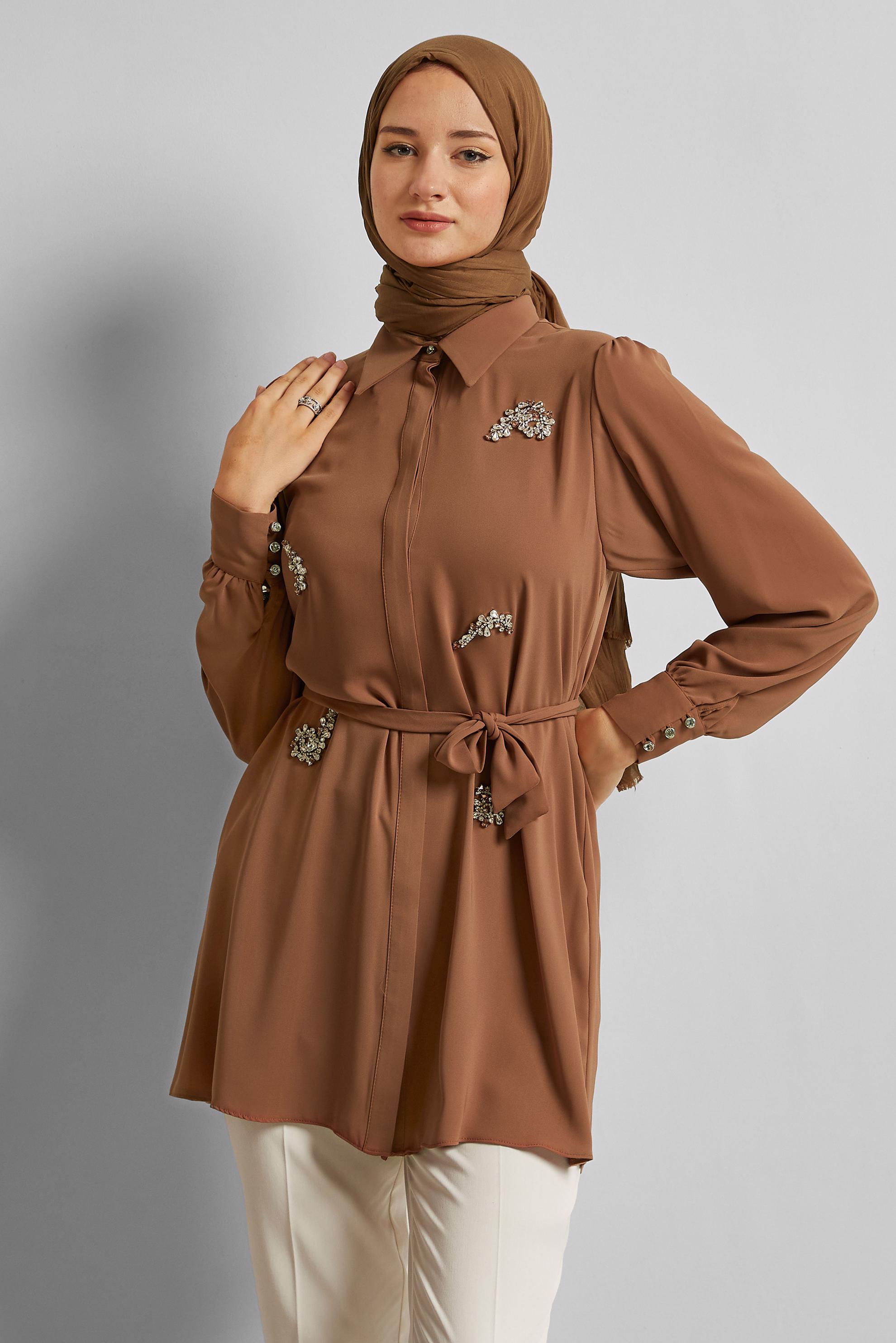 Tesettür giyim KAHVE TAŞ BASKILI TUNİK 45487