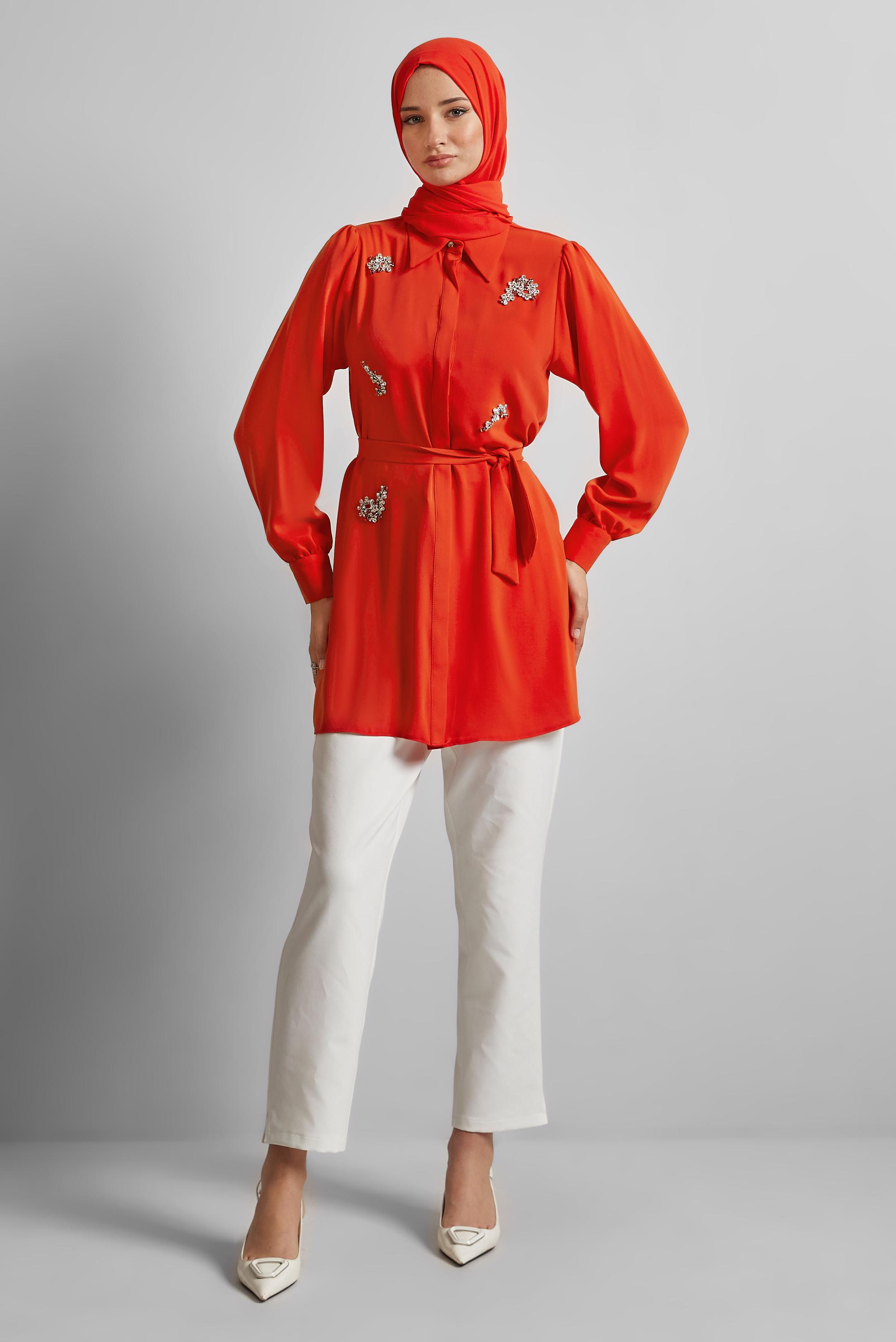 Tesettür giyim KIRMIZI TAŞ BASKILI TUNİK 45487