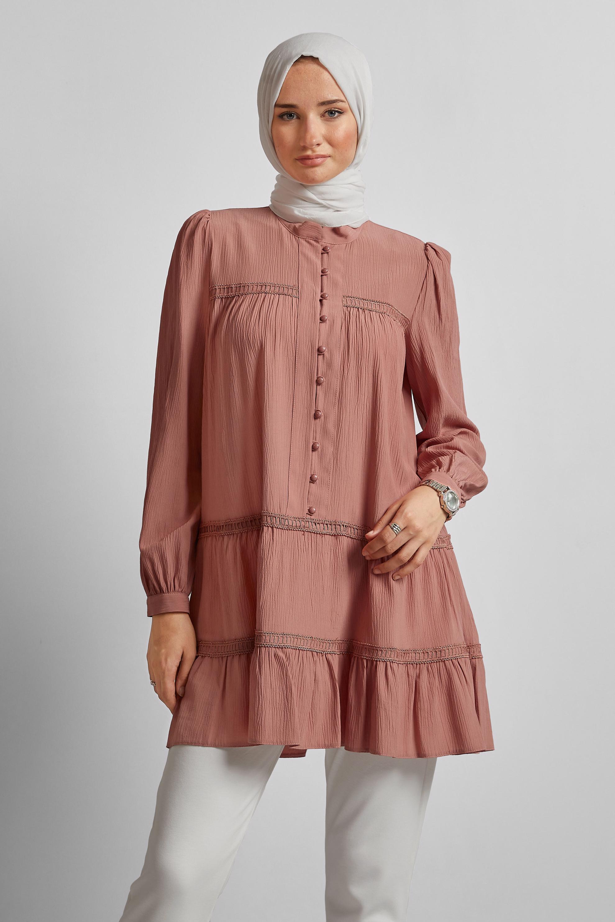 Tesettür giyim PEMBE VOLAN DETAYLI TUNİK 45493