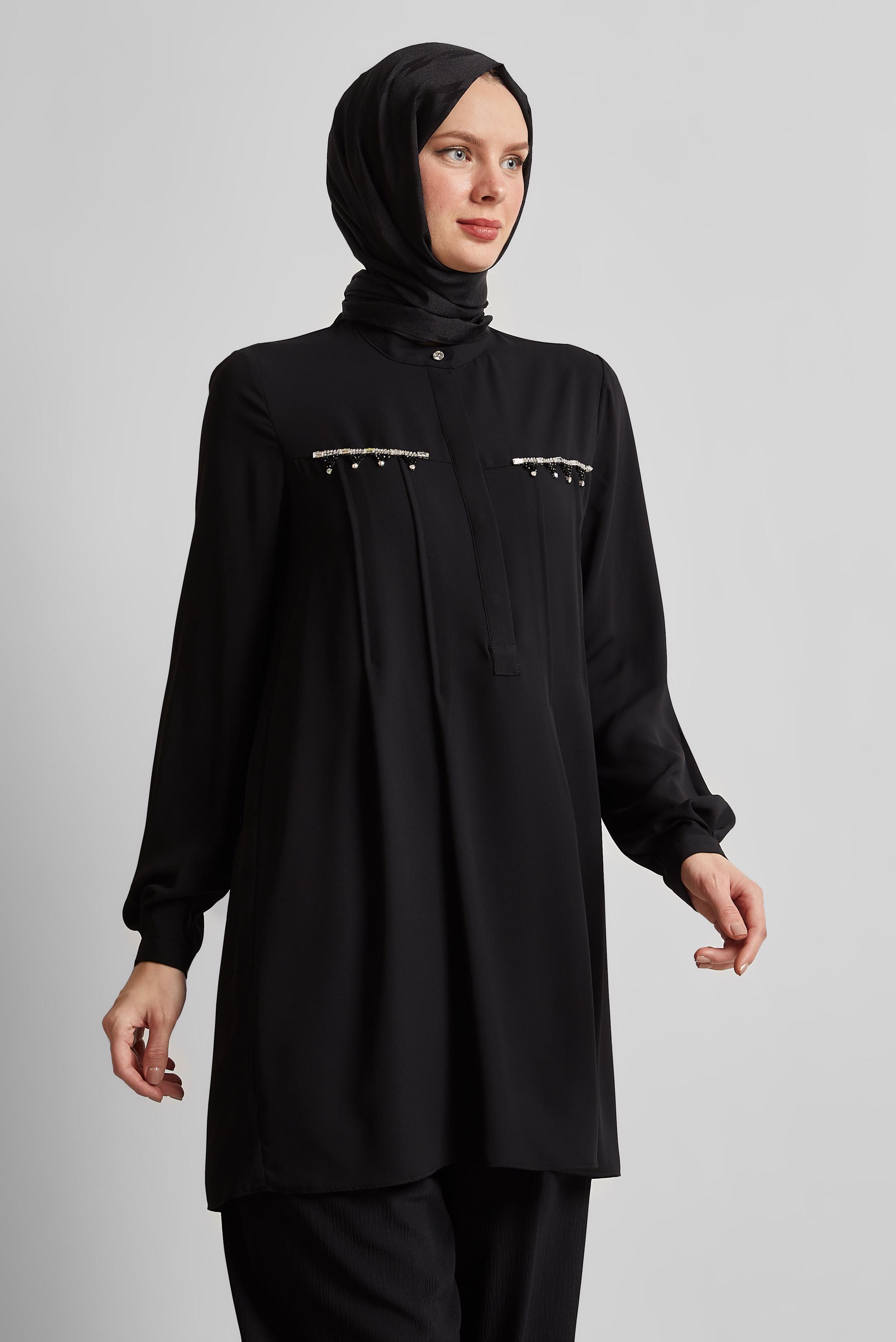 Tesettür giyim SİYAH BONCUK DETAYLI TUNİK 45494