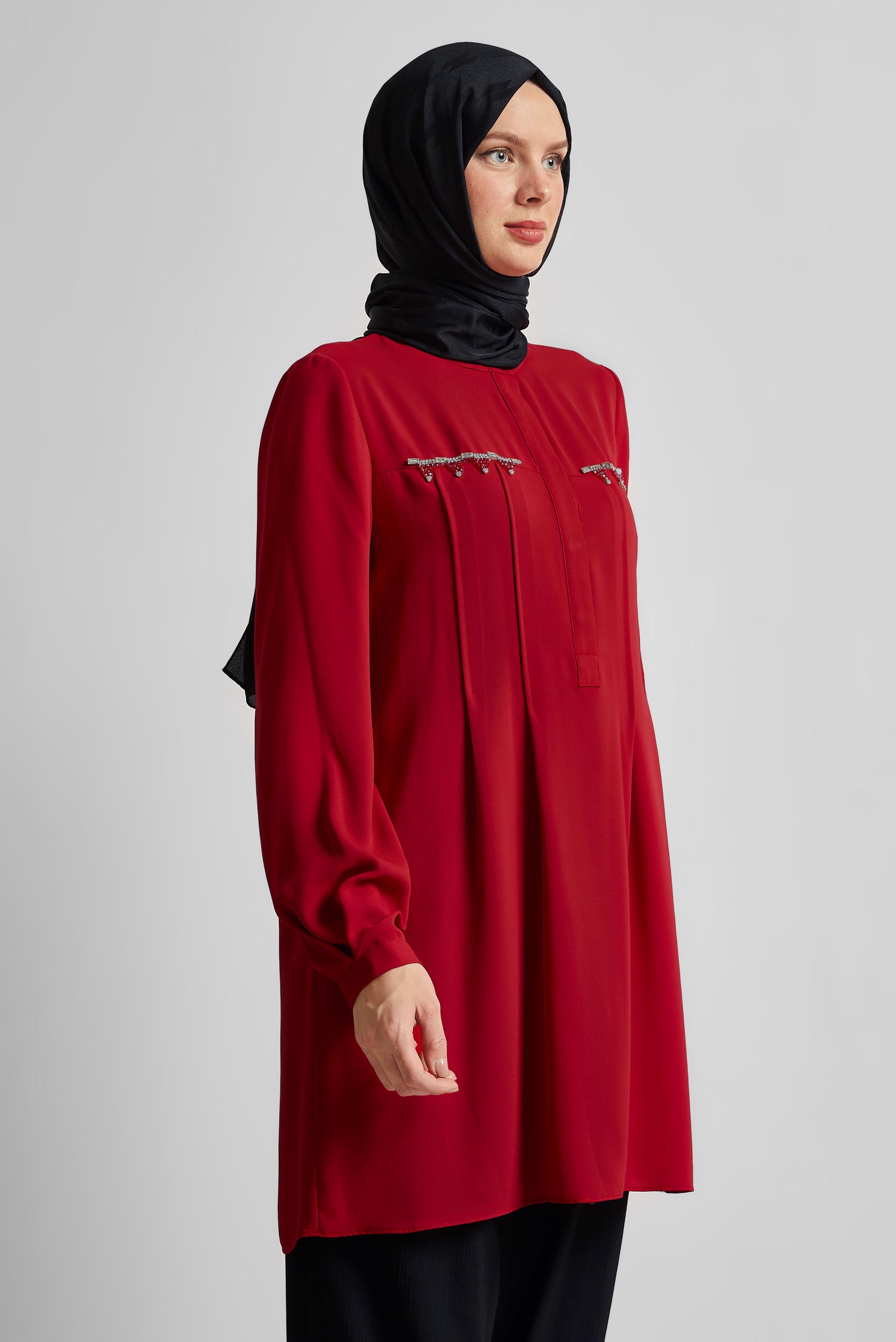 Tesettür giyim KIRMIZI BONCUK DETAYLI TUNİK 45494