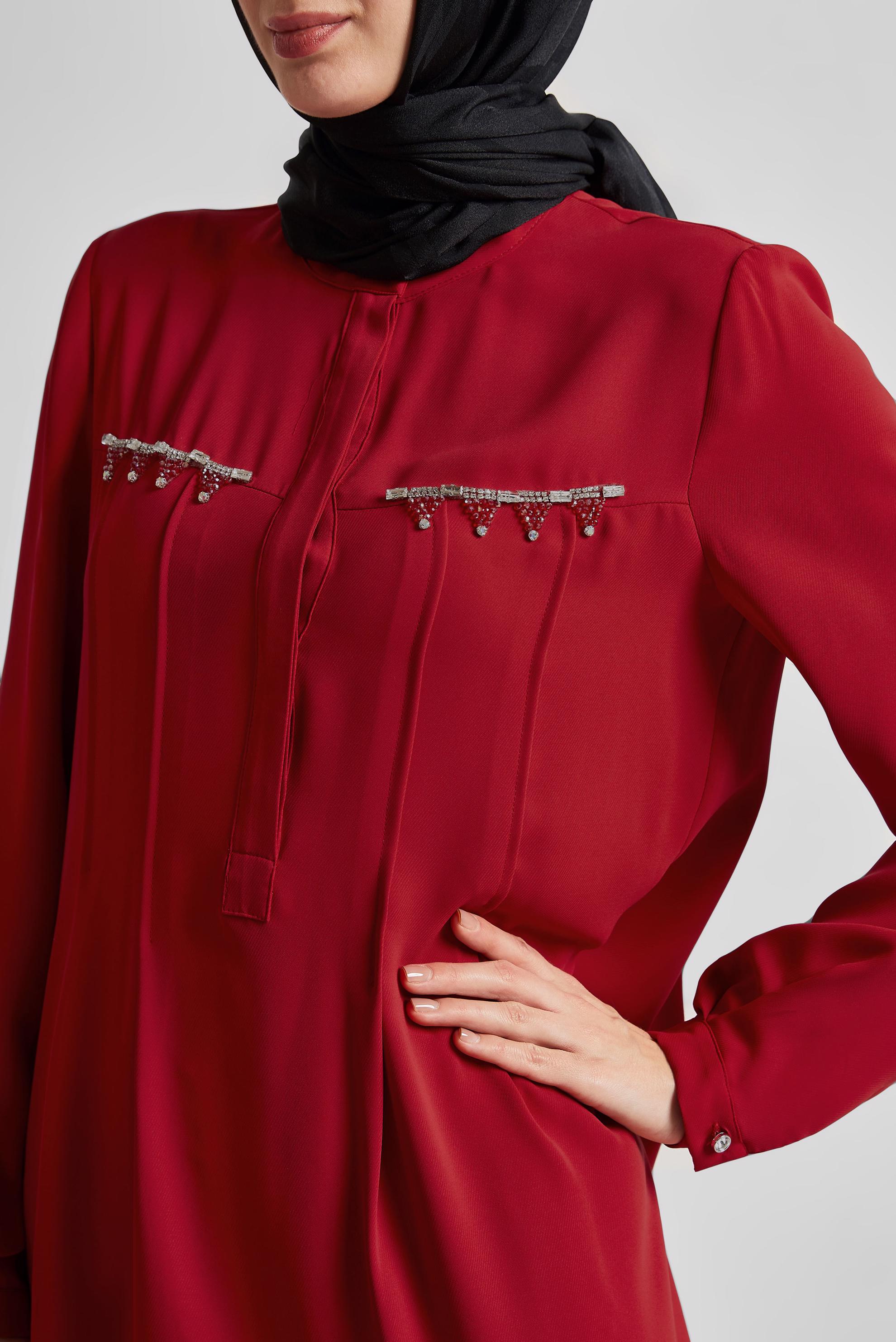 Tesettür giyim KIRMIZI BONCUK DETAYLI TUNİK 45494