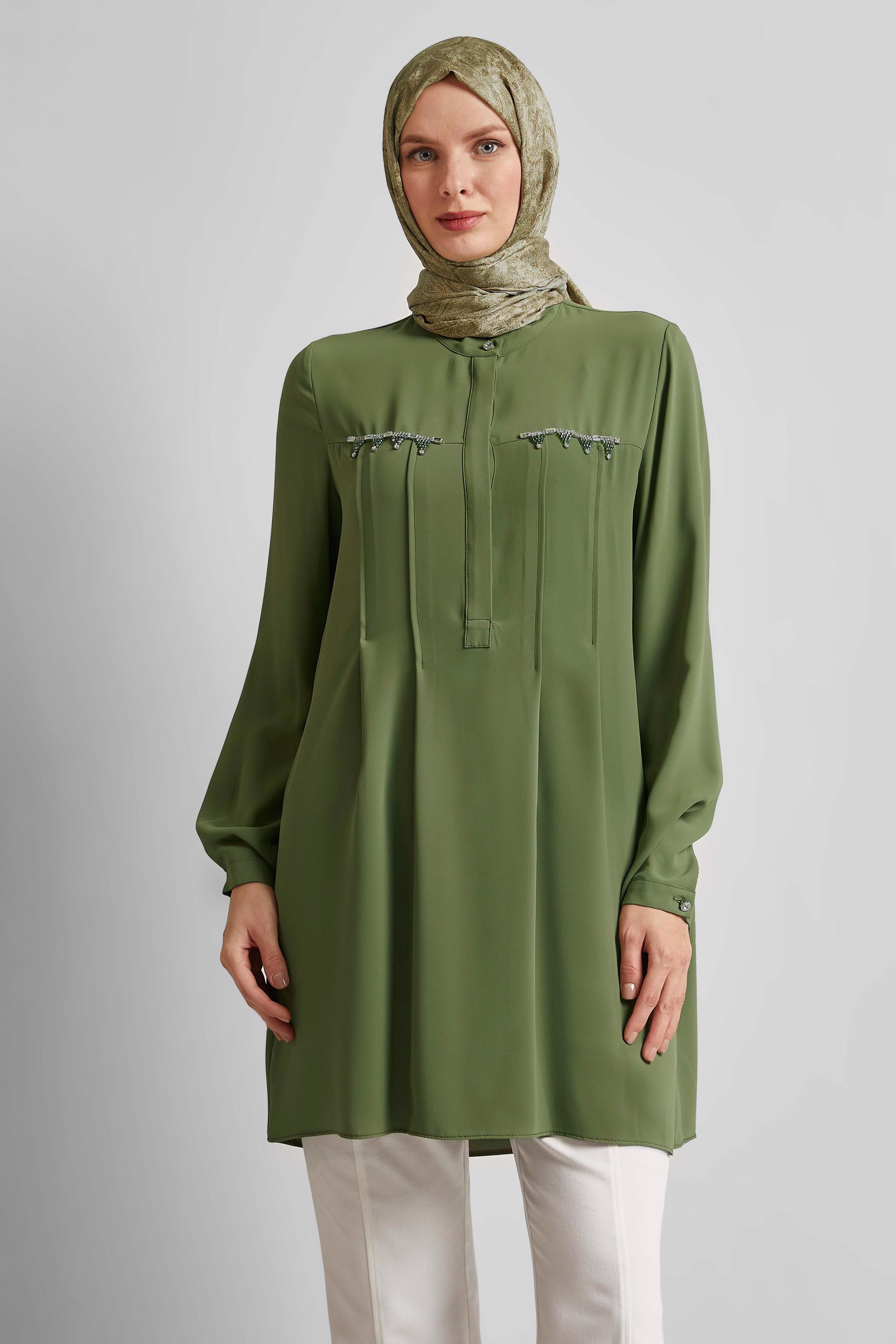 Tesettür giyim HAKİ BONCUK DETAYLI TUNİK 45494