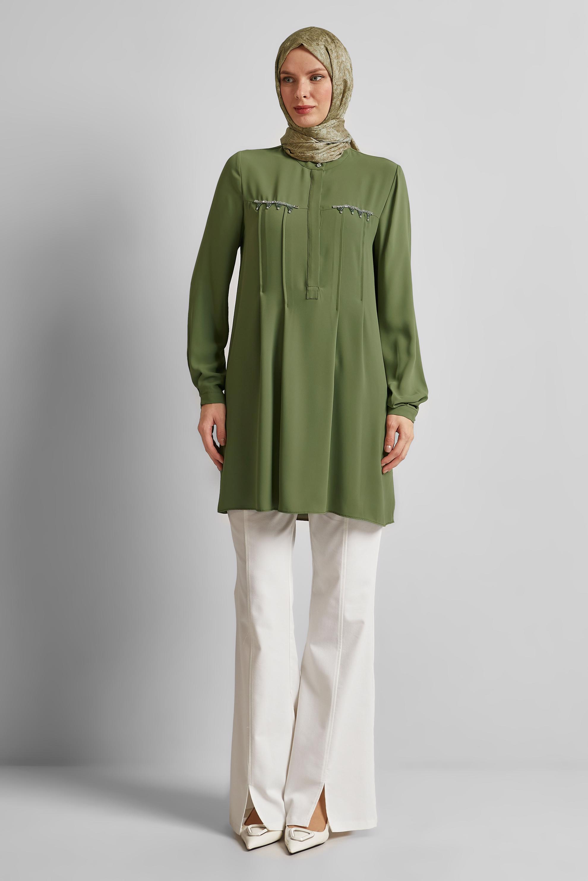 Tesettür giyim HAKİ BONCUK DETAYLI TUNİK 45494