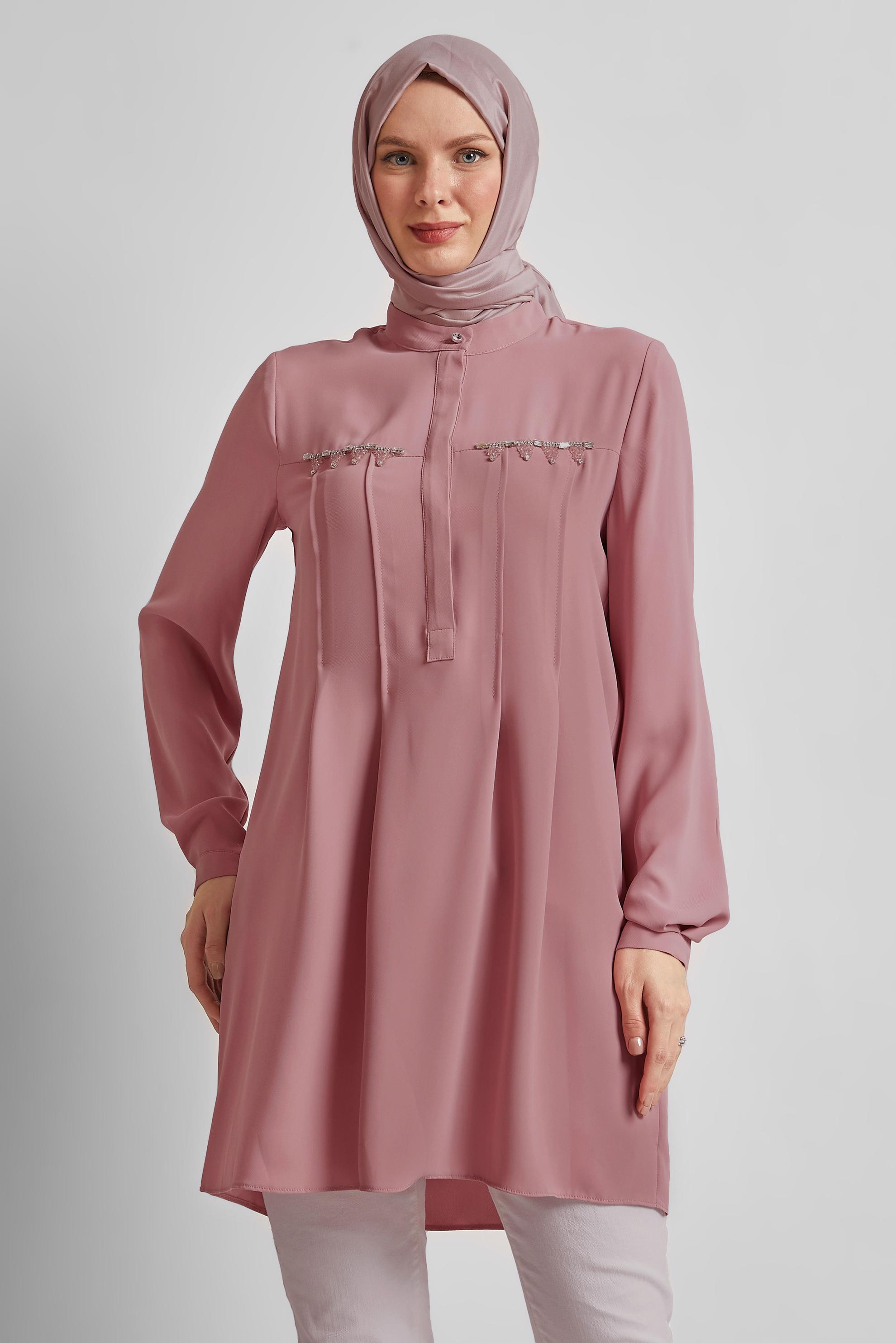 Tesettür giyim PUDRA BONCUK DETAYLI TUNİK 45494