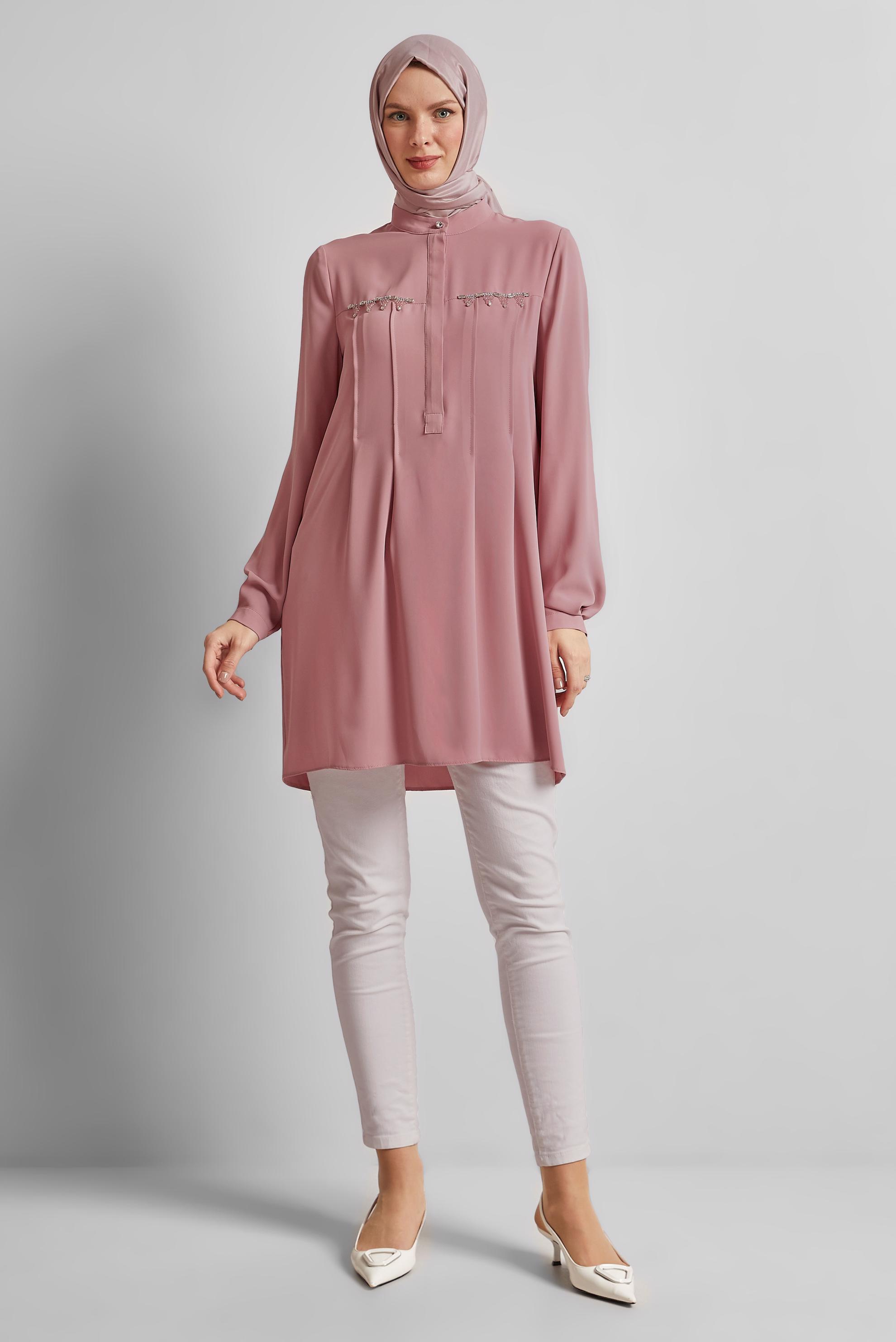 Tesettür giyim PUDRA BONCUK DETAYLI TUNİK 45494