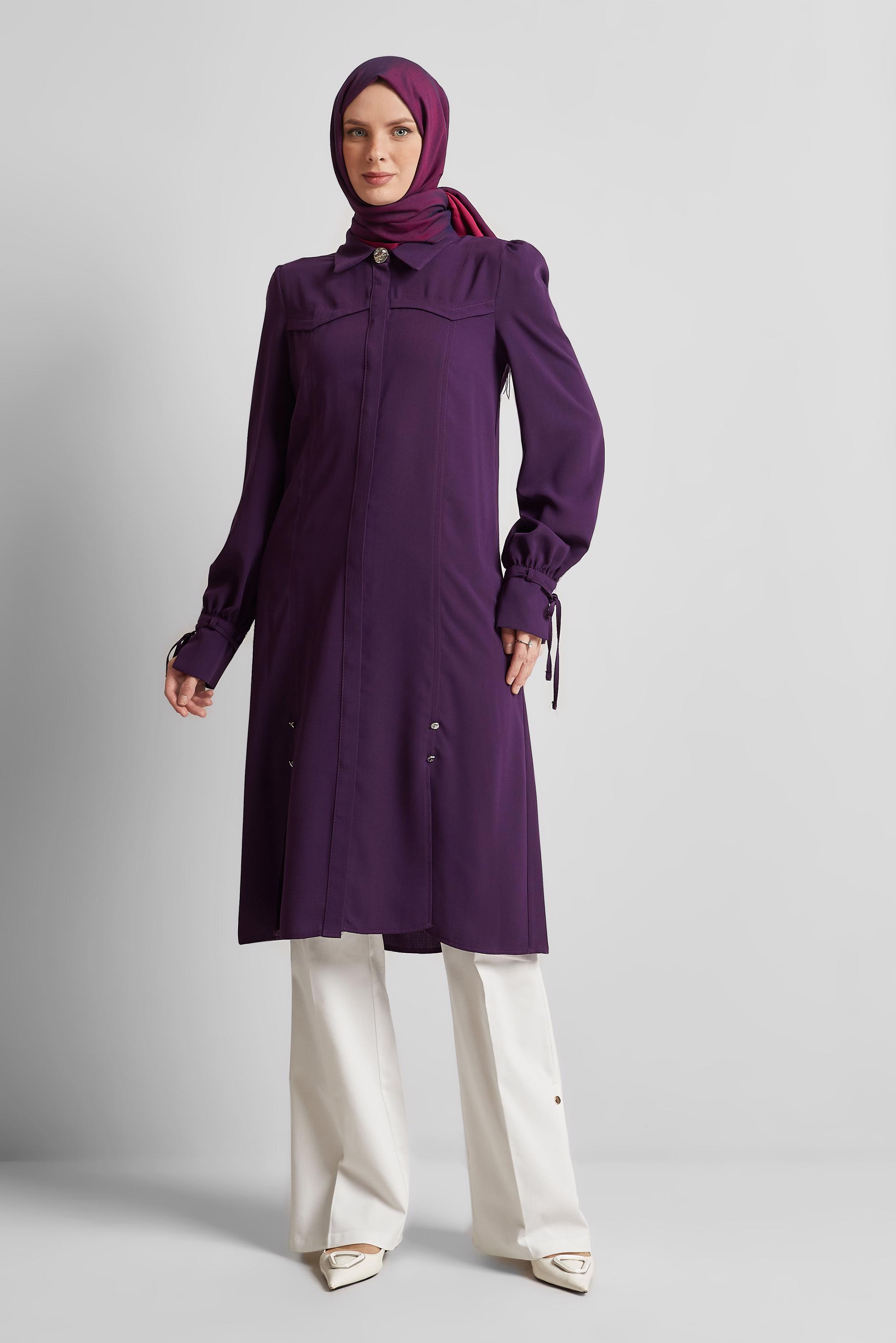 Tesettür giyim MOR BAĞCIK DETAYLI TUNİK 45495