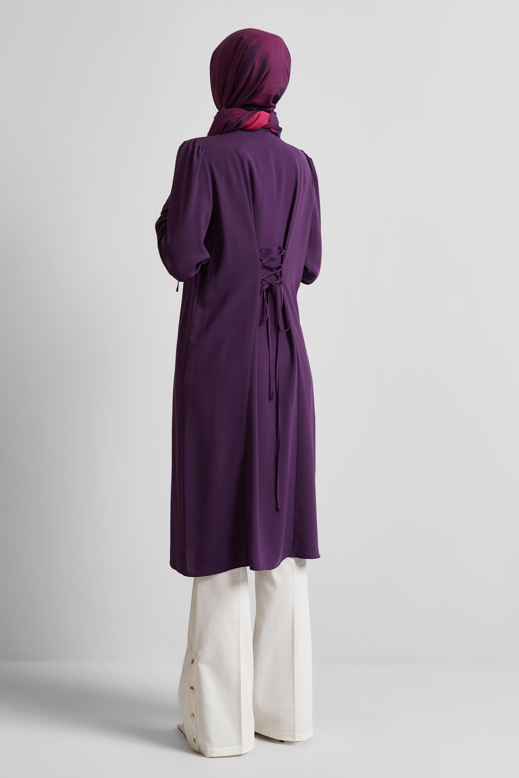 Tesettür giyim MOR BAĞCIK DETAYLI TUNİK 45495