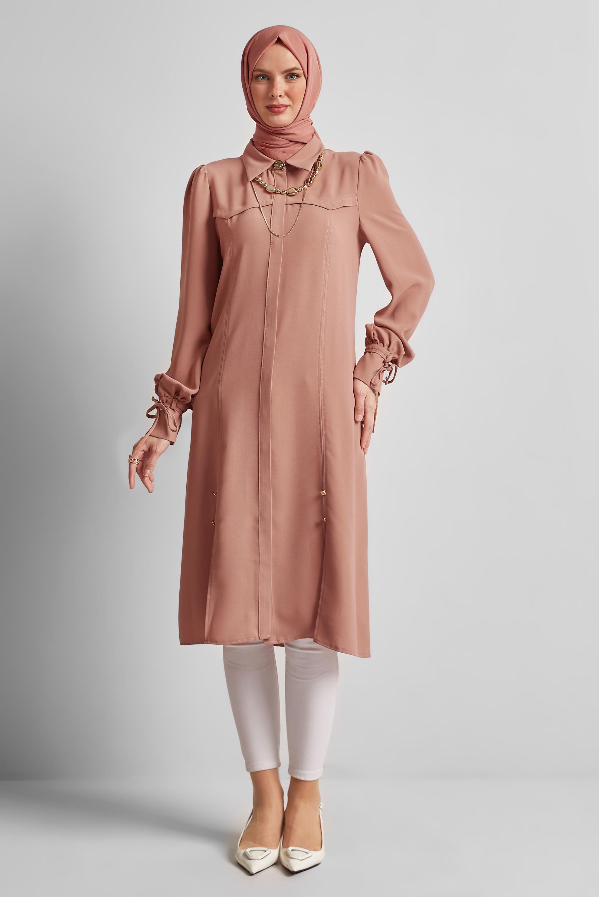 Tesettür giyim PUDRA BAĞCIK DETAYLI TUNİK 45495