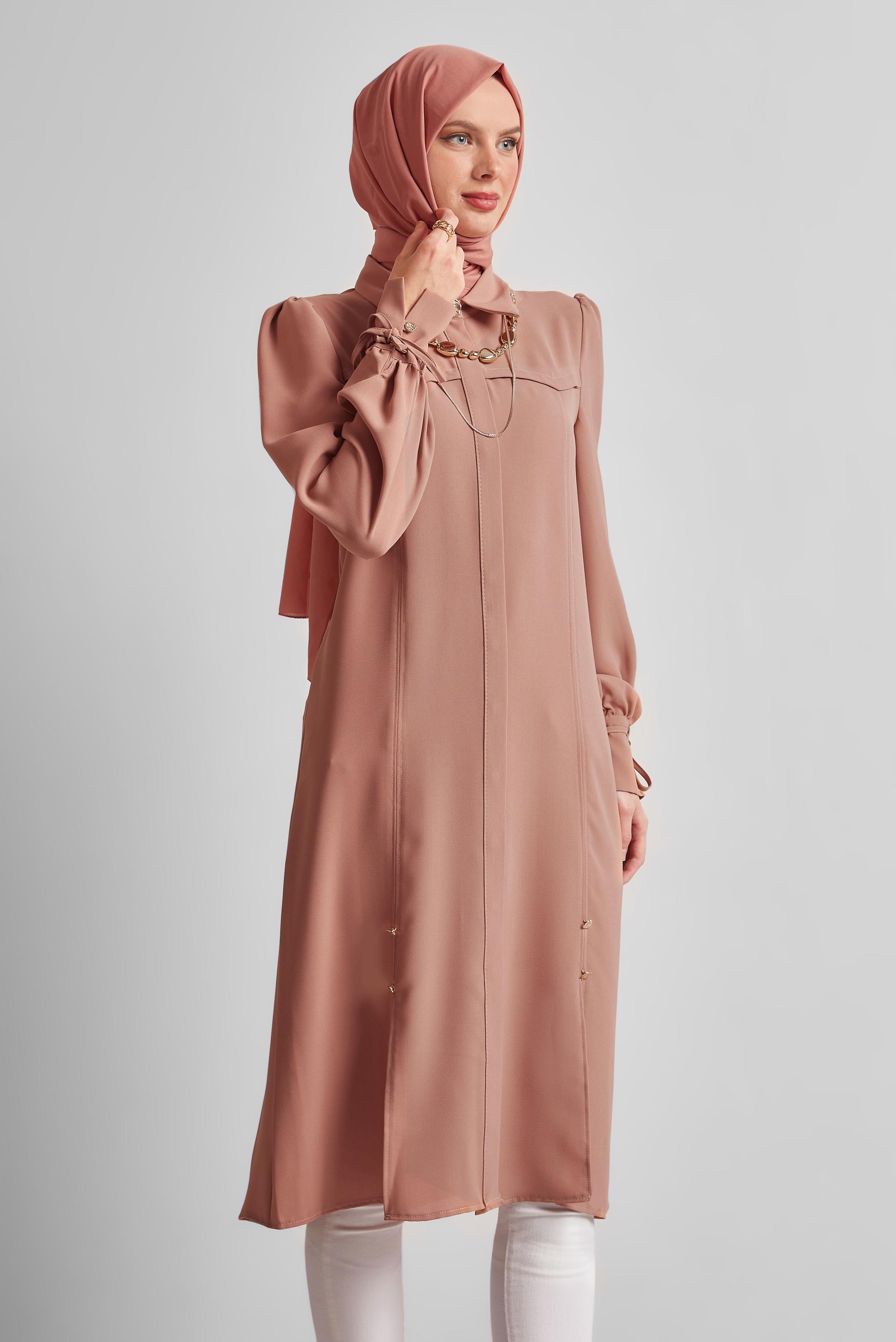 Tesettür giyim PUDRA BAĞCIK DETAYLI TUNİK 45495