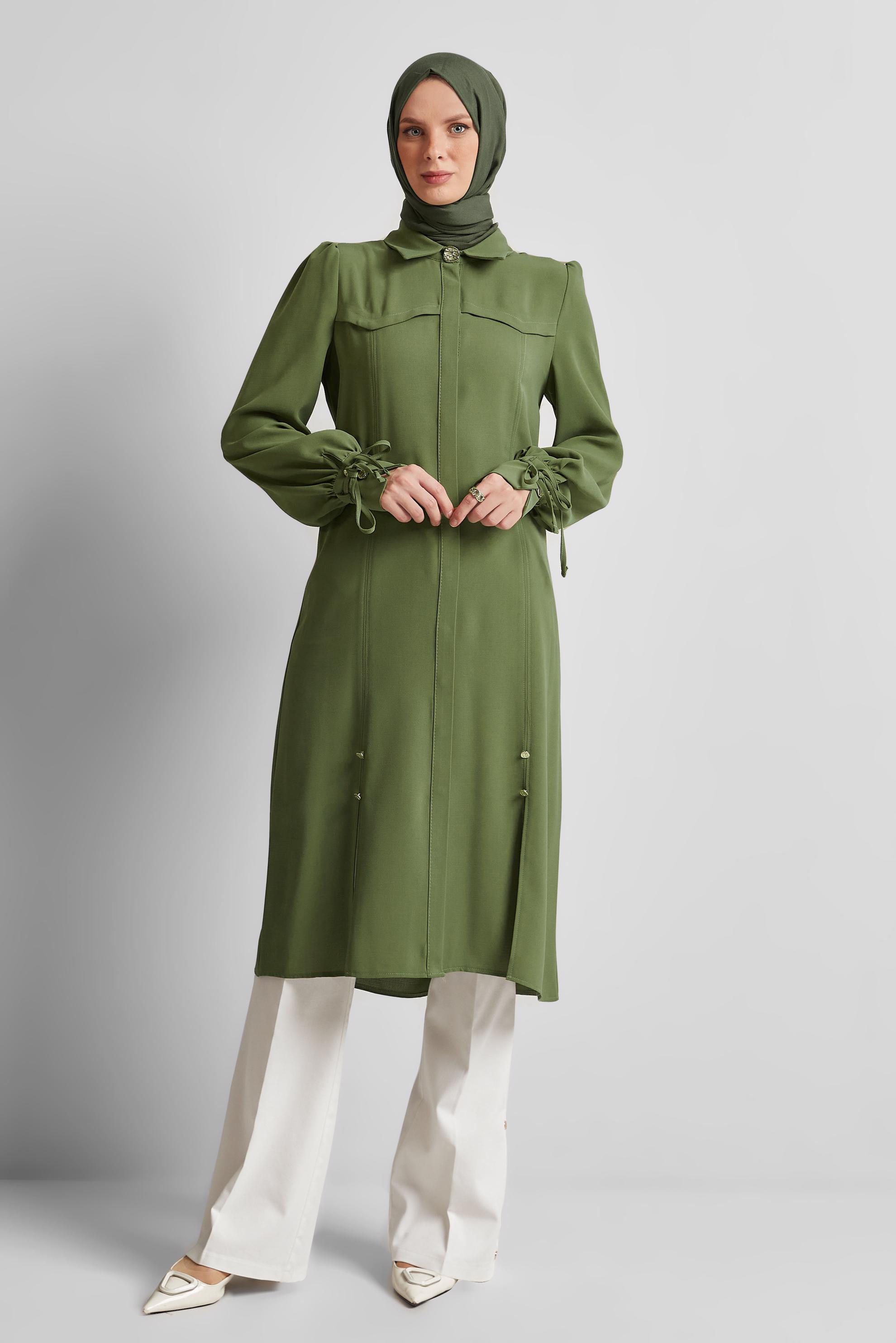 Tesettür giyim YEŞİL BAĞCIK DETAYLI TUNİK 45495