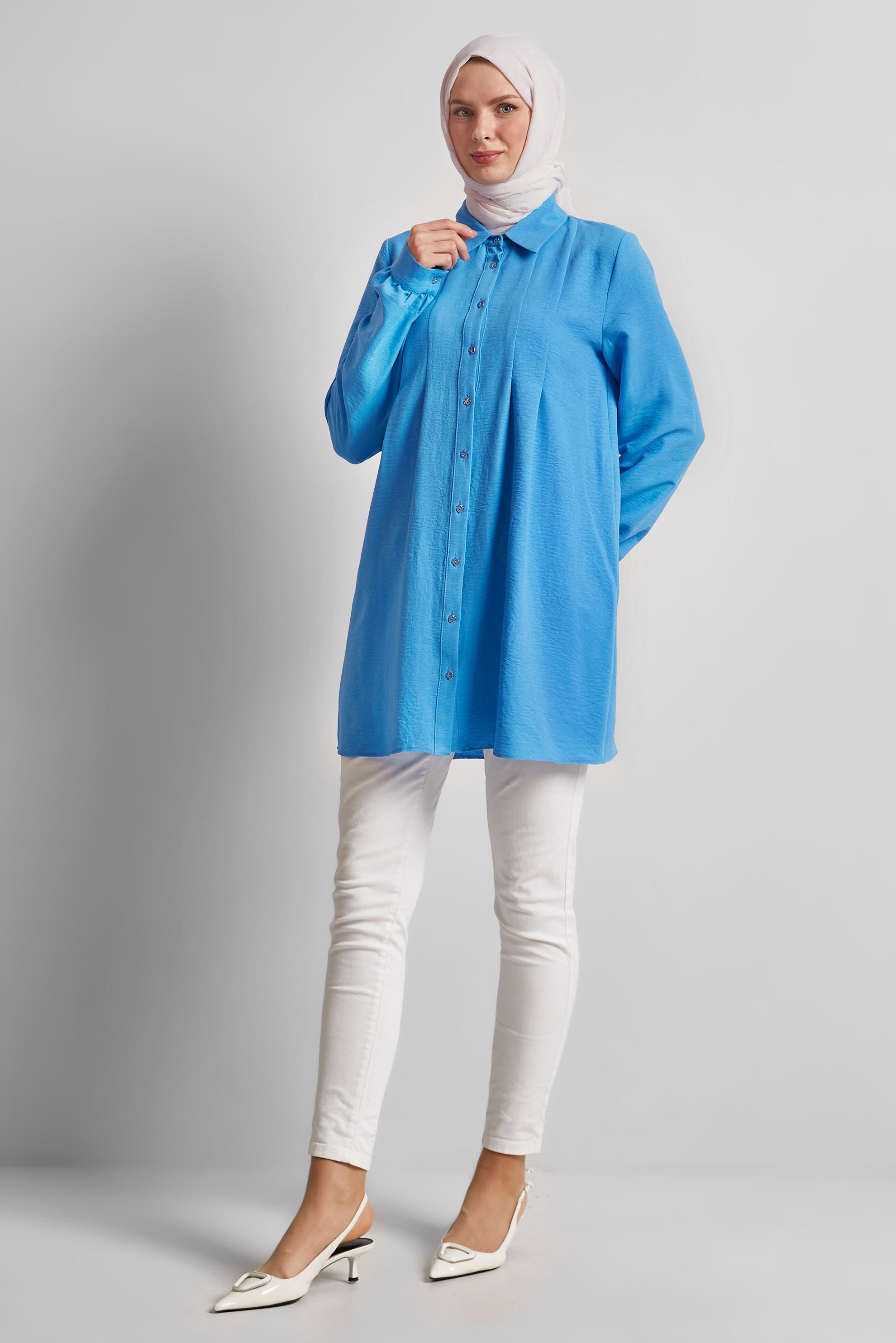 Tesettür giyim MAVİ GÖMLEK YAKA TUNİK 45496