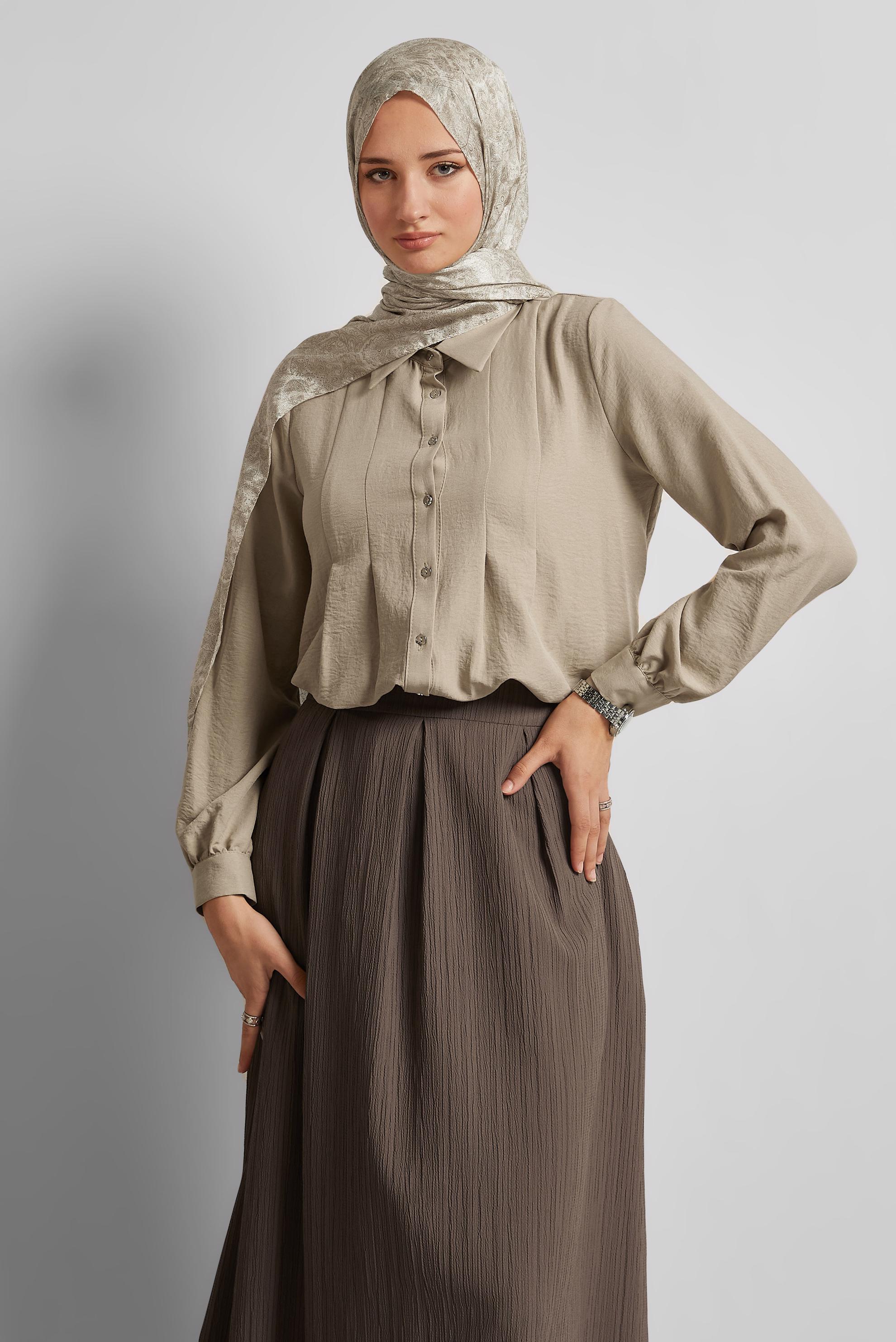 Tesettür giyim KAHVE GÖMLEK YAKA TUNİK 45496