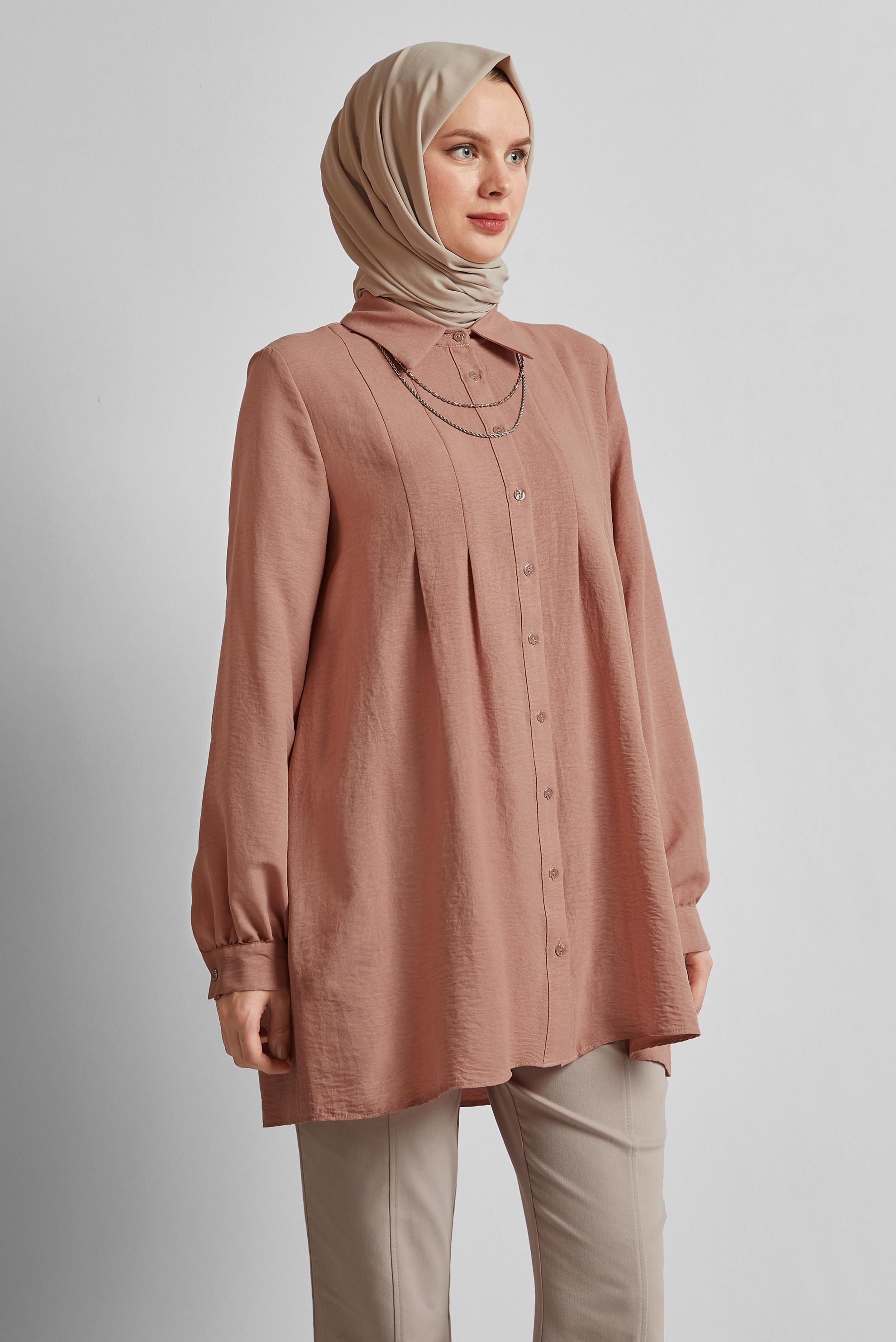 Tesettür giyim PUDRA GÖMLEK YAKA TUNİK 45496