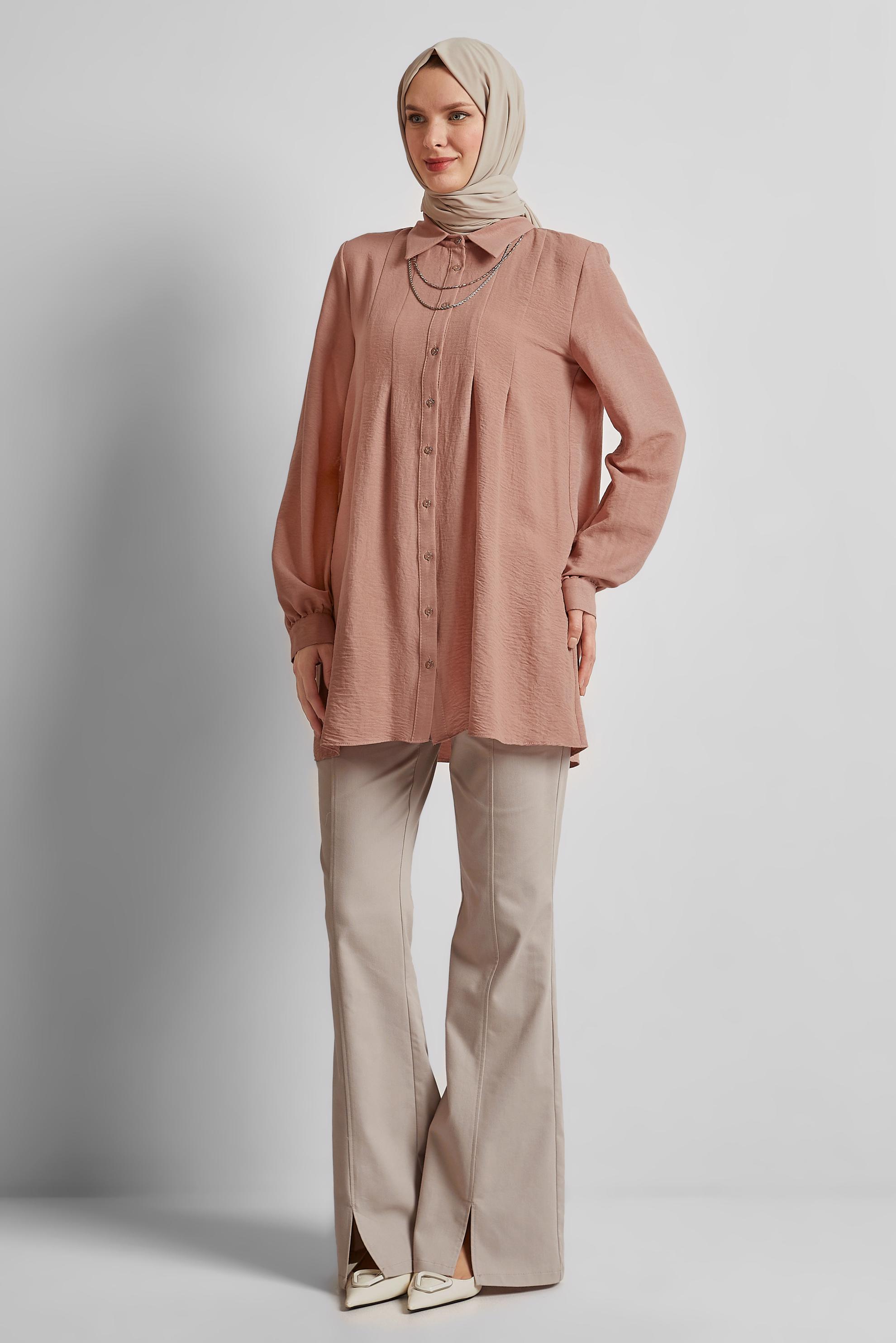 Tesettür giyim PUDRA GÖMLEK YAKA TUNİK 45496