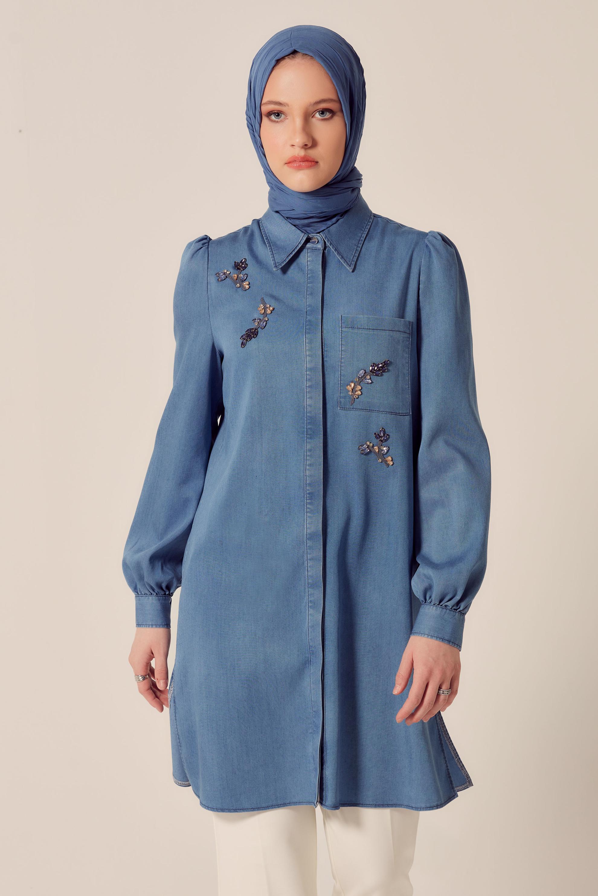 Tesettür giyim MAVİ TAŞ DETAYLI DENİM TUNİK 45504