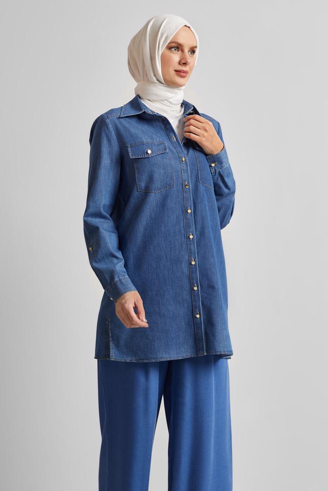 Hijab clothing NAVY BLUE COTTON DENIM TUNIC 45506 - ALVİNA