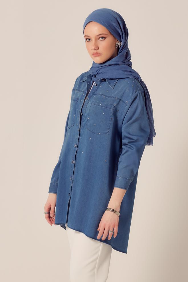 Hijab clothing BLUE GEM EMBROIDERED DENIM TUNIC 45508 - ALVİNA