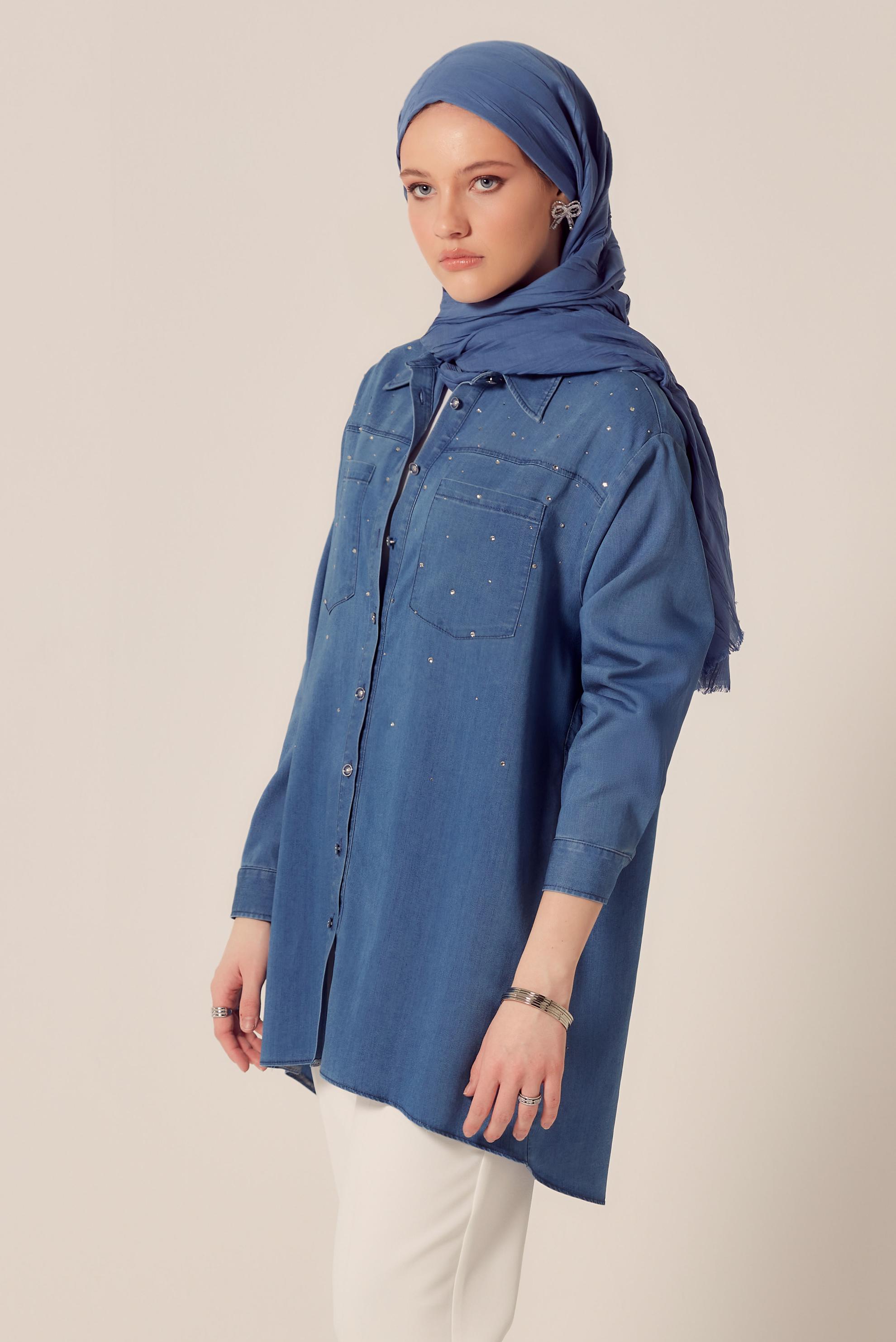 Hijab clothing BLUE GEM EMBROIDERED DENIM TUNIC 45508