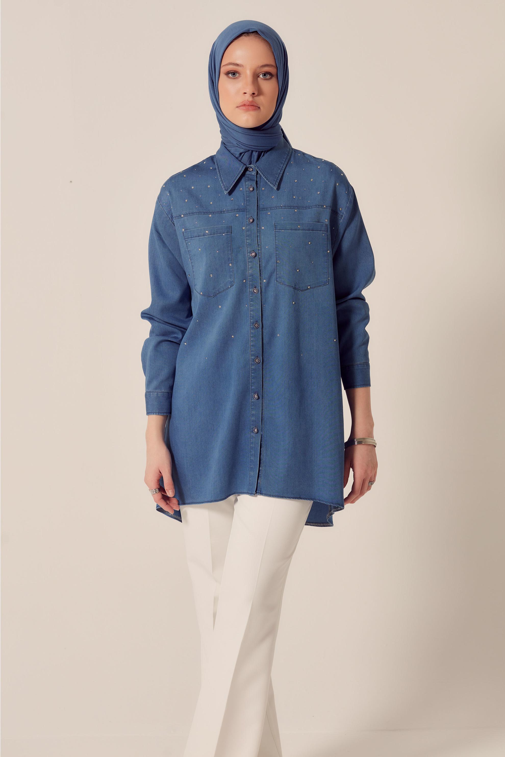Hijab clothing BLUE GEM EMBROIDERED DENIM TUNIC 45508
