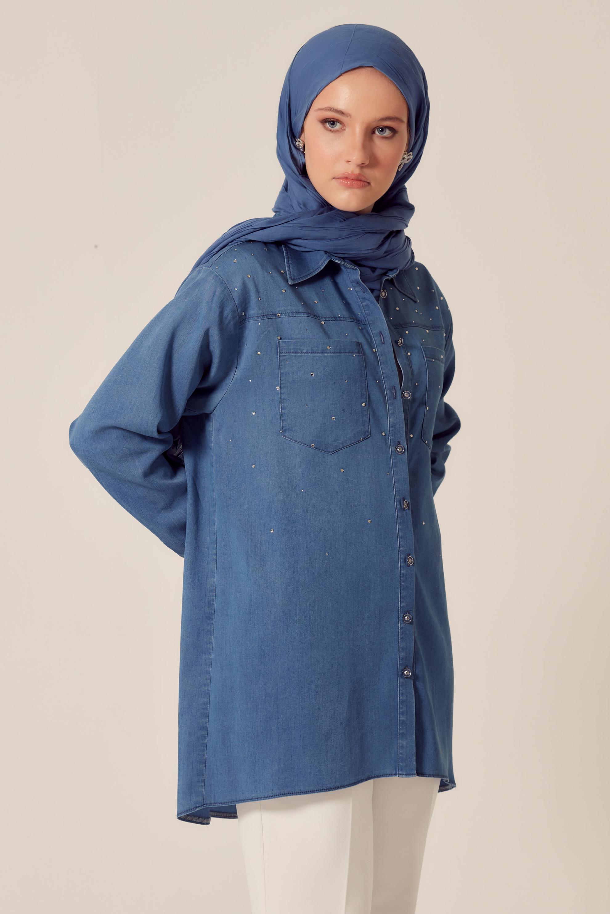 Hijab clothing BLUE GEM EMBROIDERED DENIM TUNIC 45508