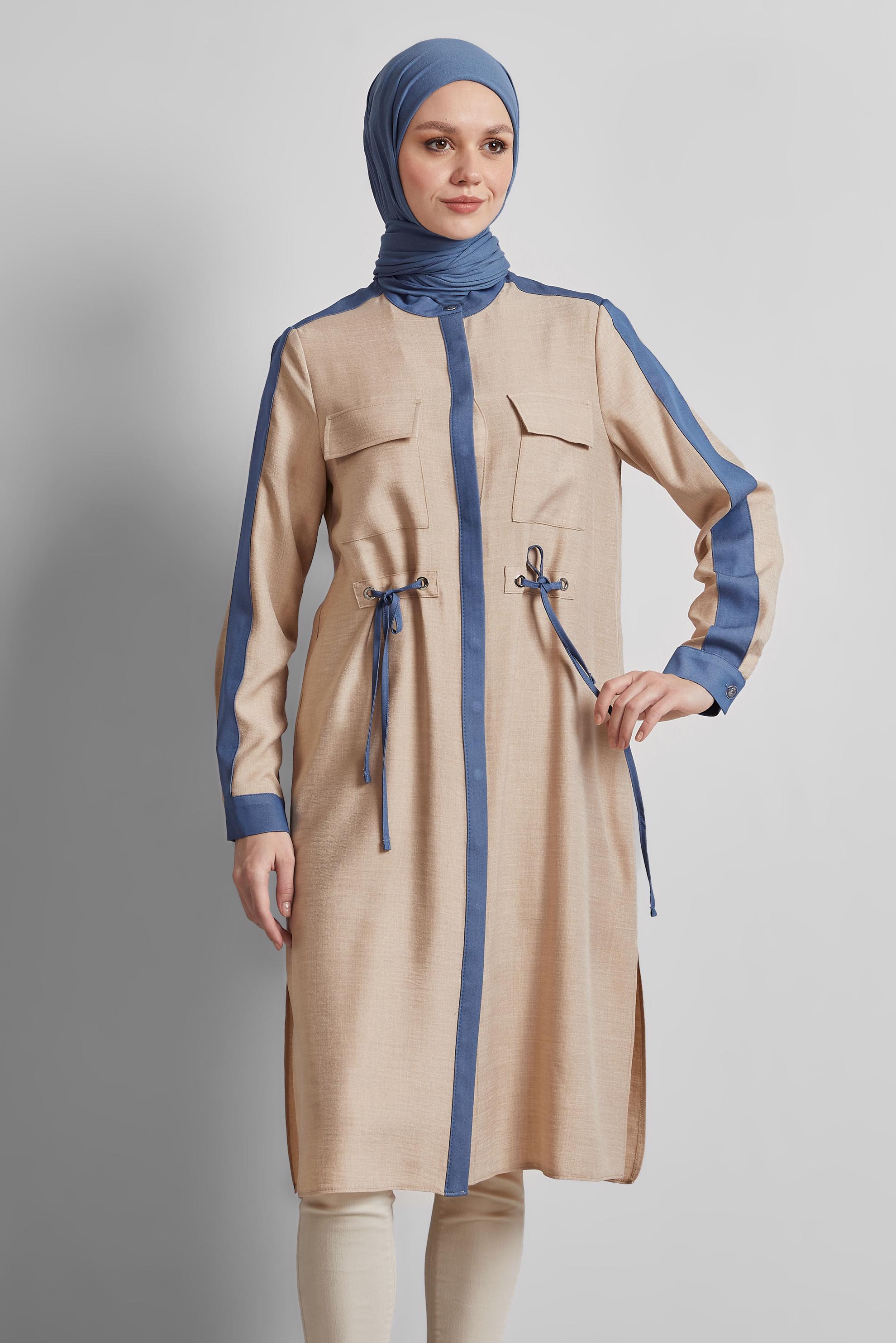 Tesettür giyim BEJ BAĞCIK DETAYLI TUNİK 45514