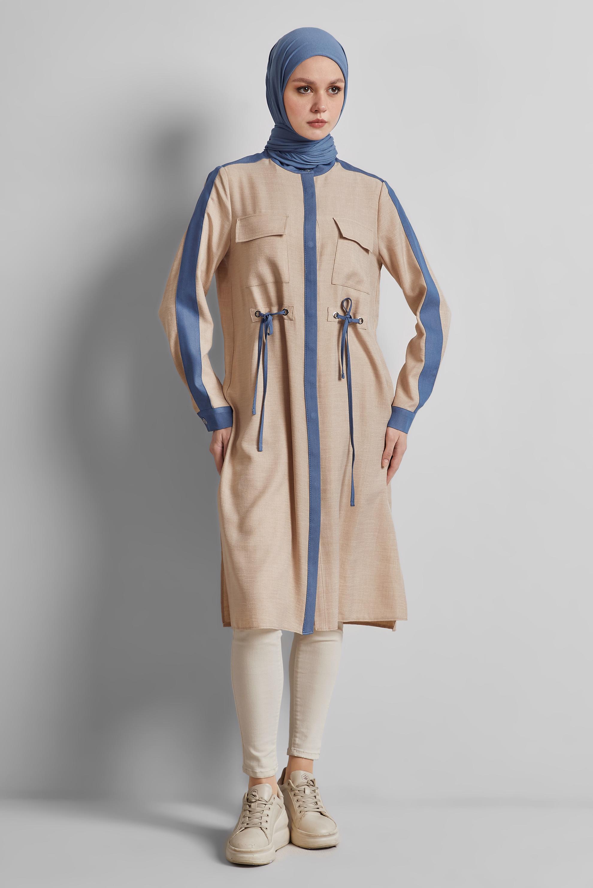 Tesettür giyim BEJ BAĞCIK DETAYLI TUNİK 45514