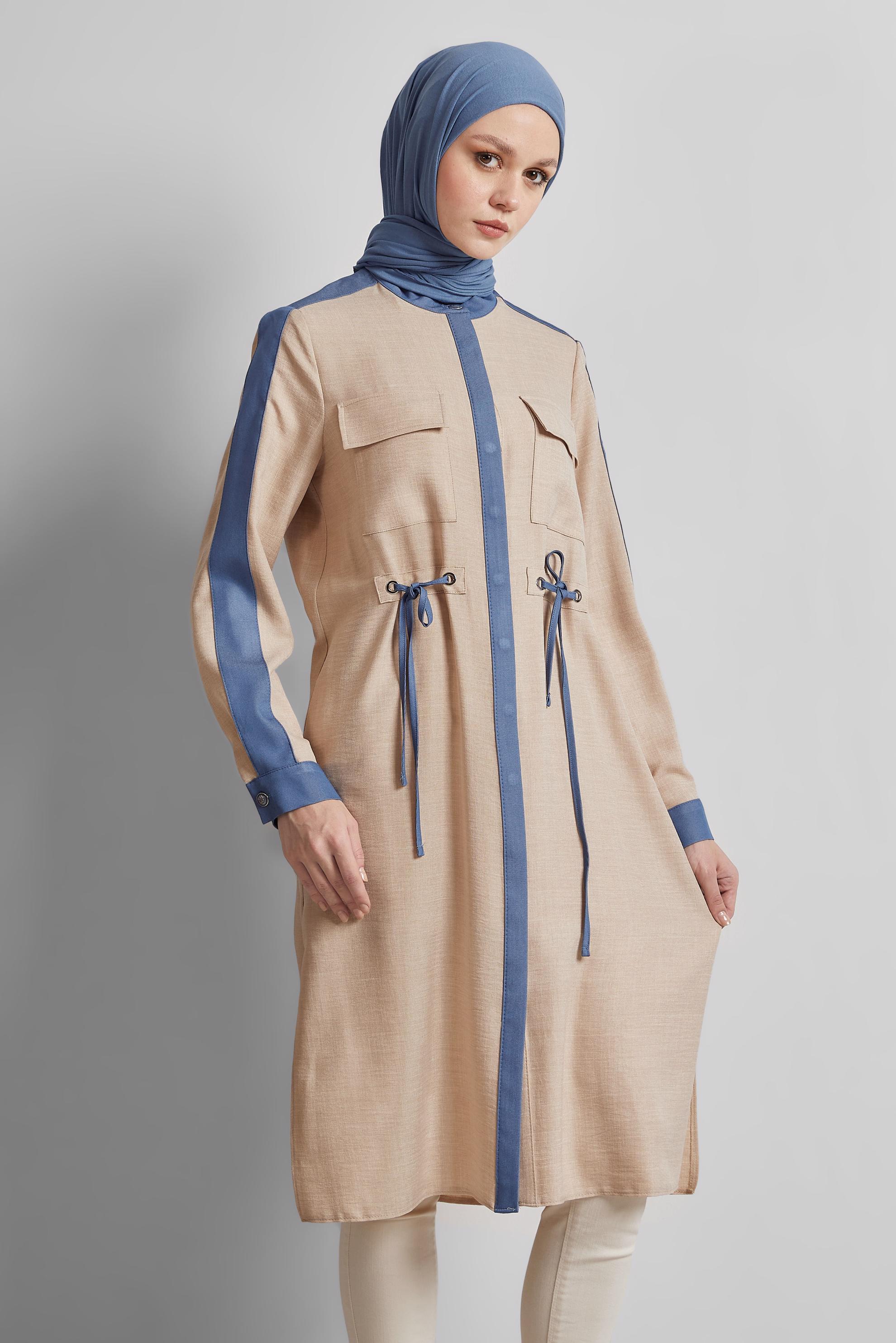 Tesettür giyim BEJ BAĞCIK DETAYLI TUNİK 45514