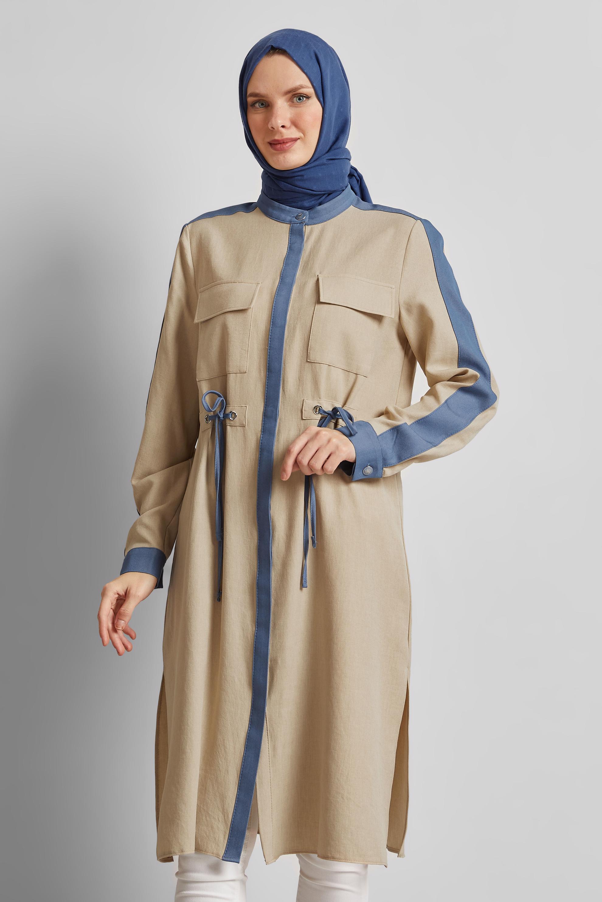 Tesettür giyim BEJ BAĞCIK DETAYLI TUNİK 45514