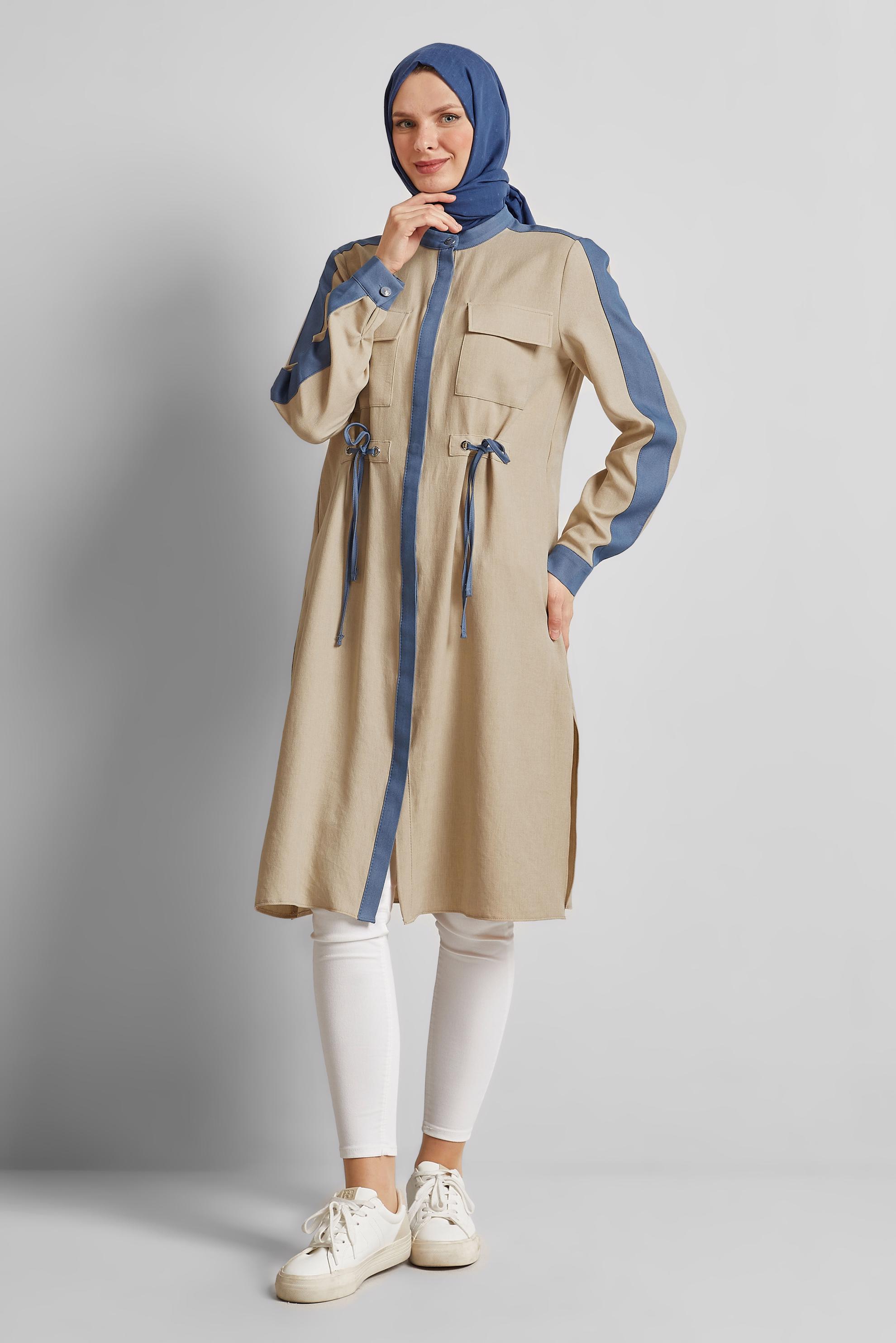 Tesettür giyim BEJ BAĞCIK DETAYLI TUNİK 45514