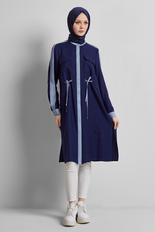 Tesettür giyim LACİVERT BAĞCIK DETAYLI TUNİK 45514 - ALVİNA