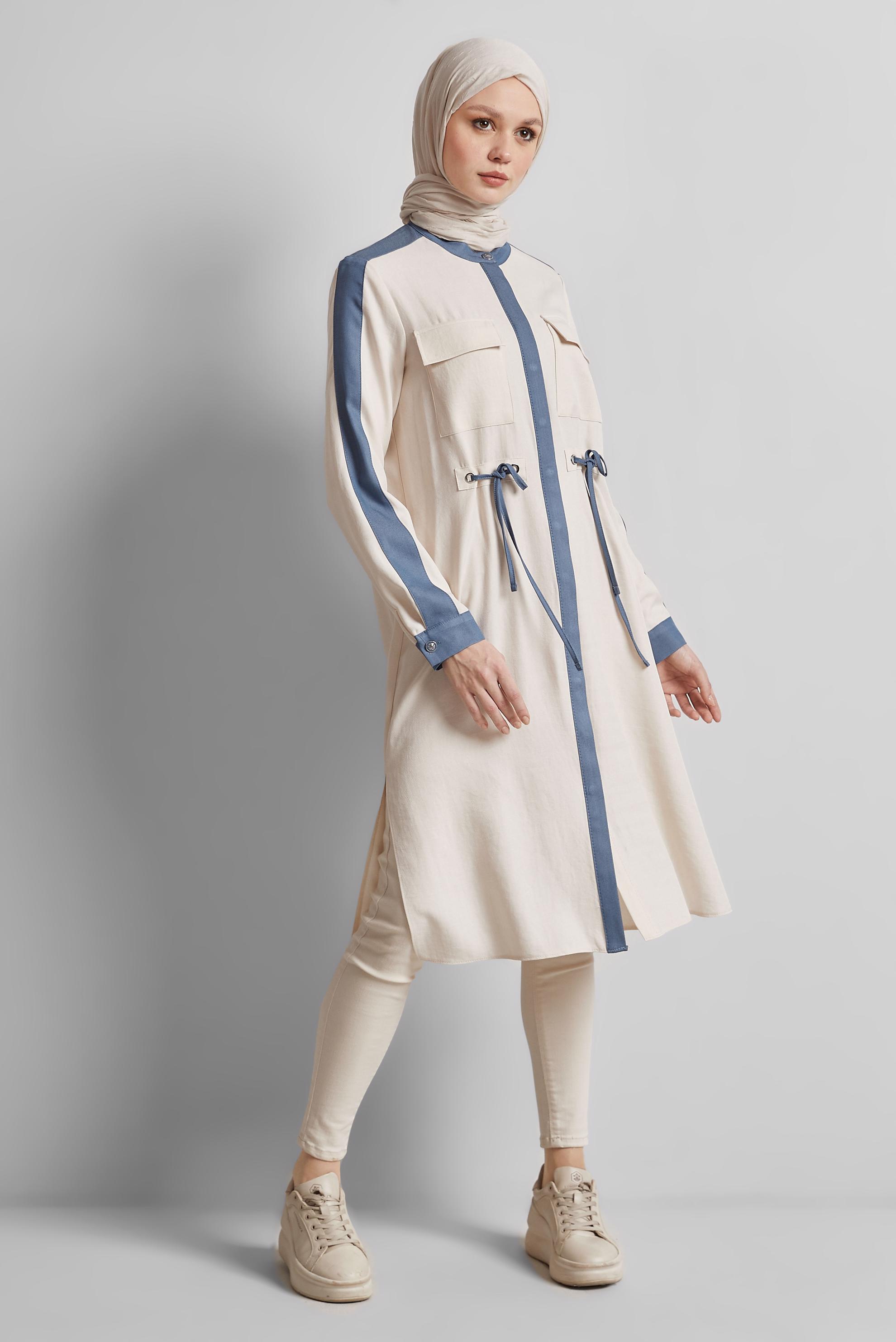 Tesettür giyim BEJ BAĞCIK DETAYLI TUNİK 45514