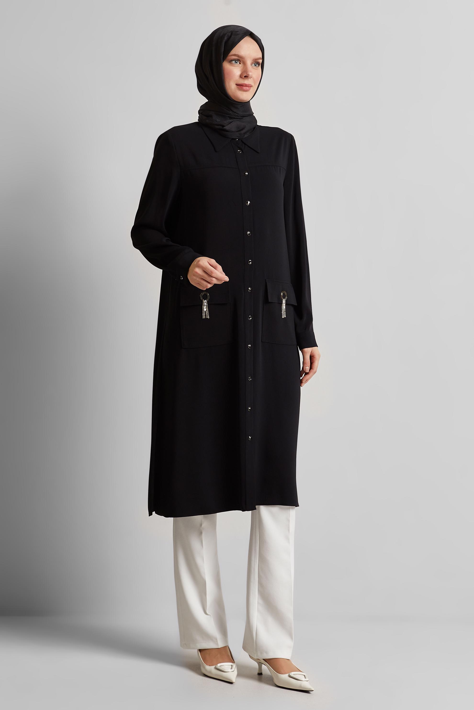 Tesettür giyim SİYAH GÖMLEK YAKA TUNİK 45517