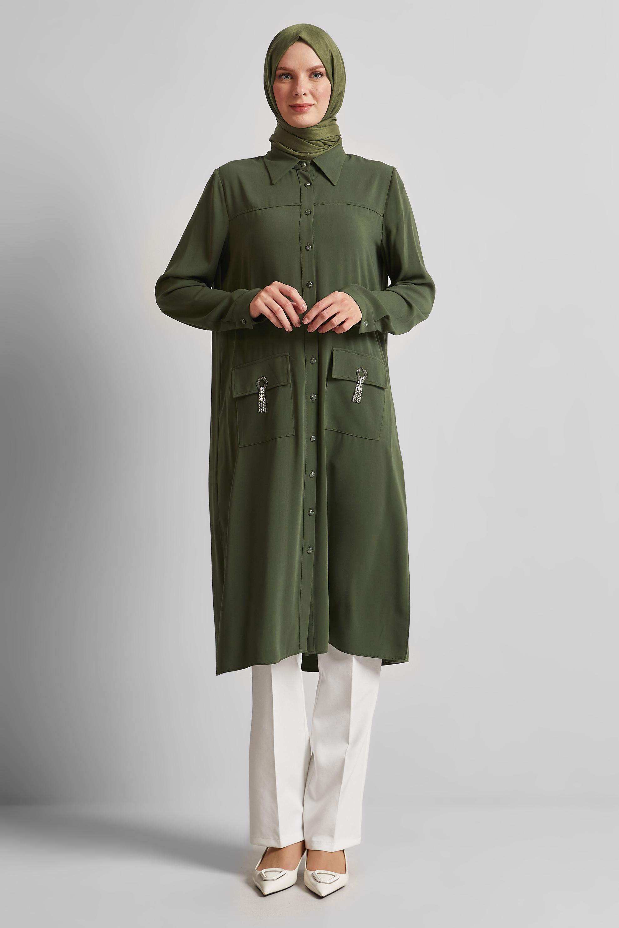 Tesettür giyim HAKİ GÖMLEK YAKA TUNİK 45517