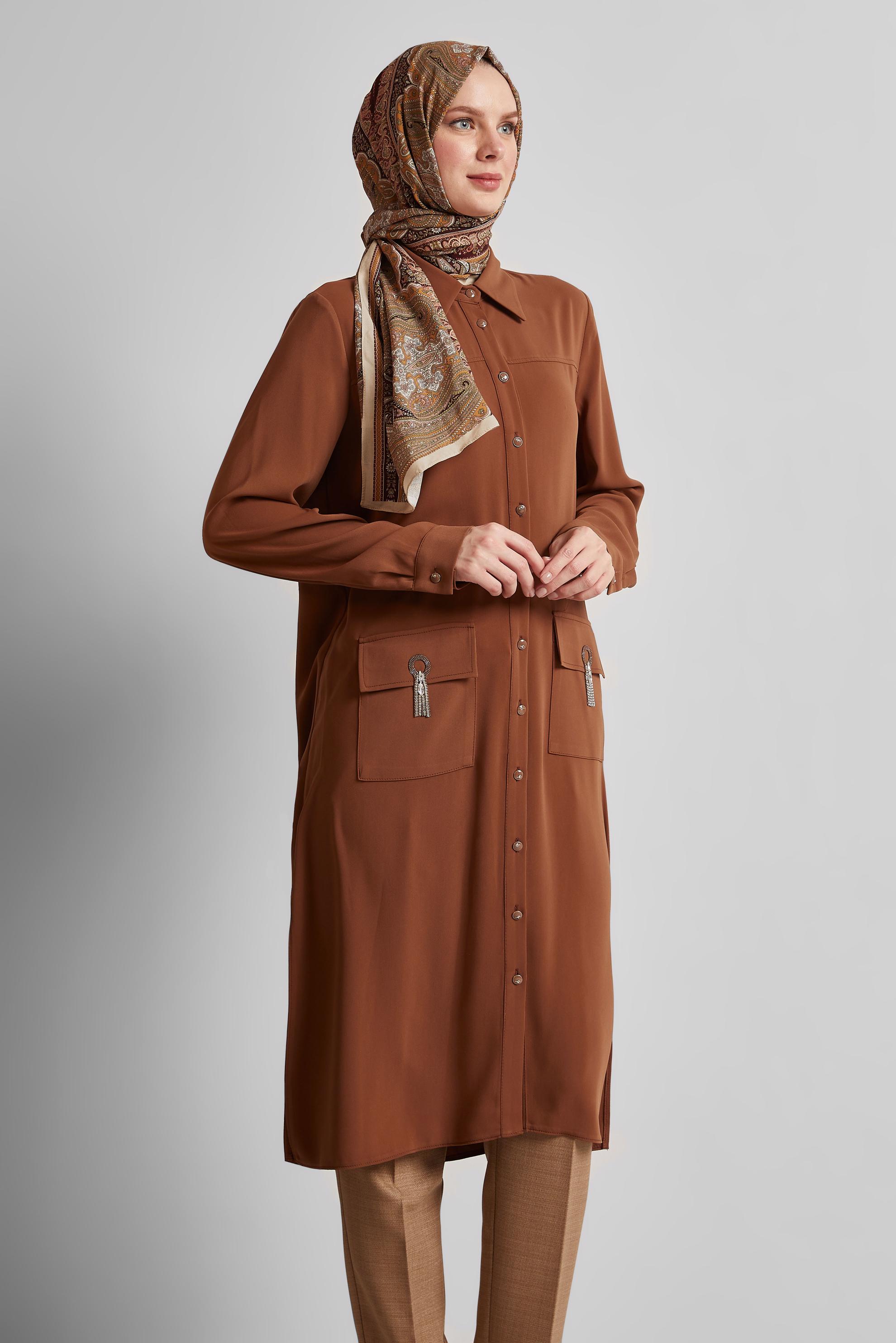 Tesettür giyim KAHVE GÖMLEK YAKA TUNİK 45517