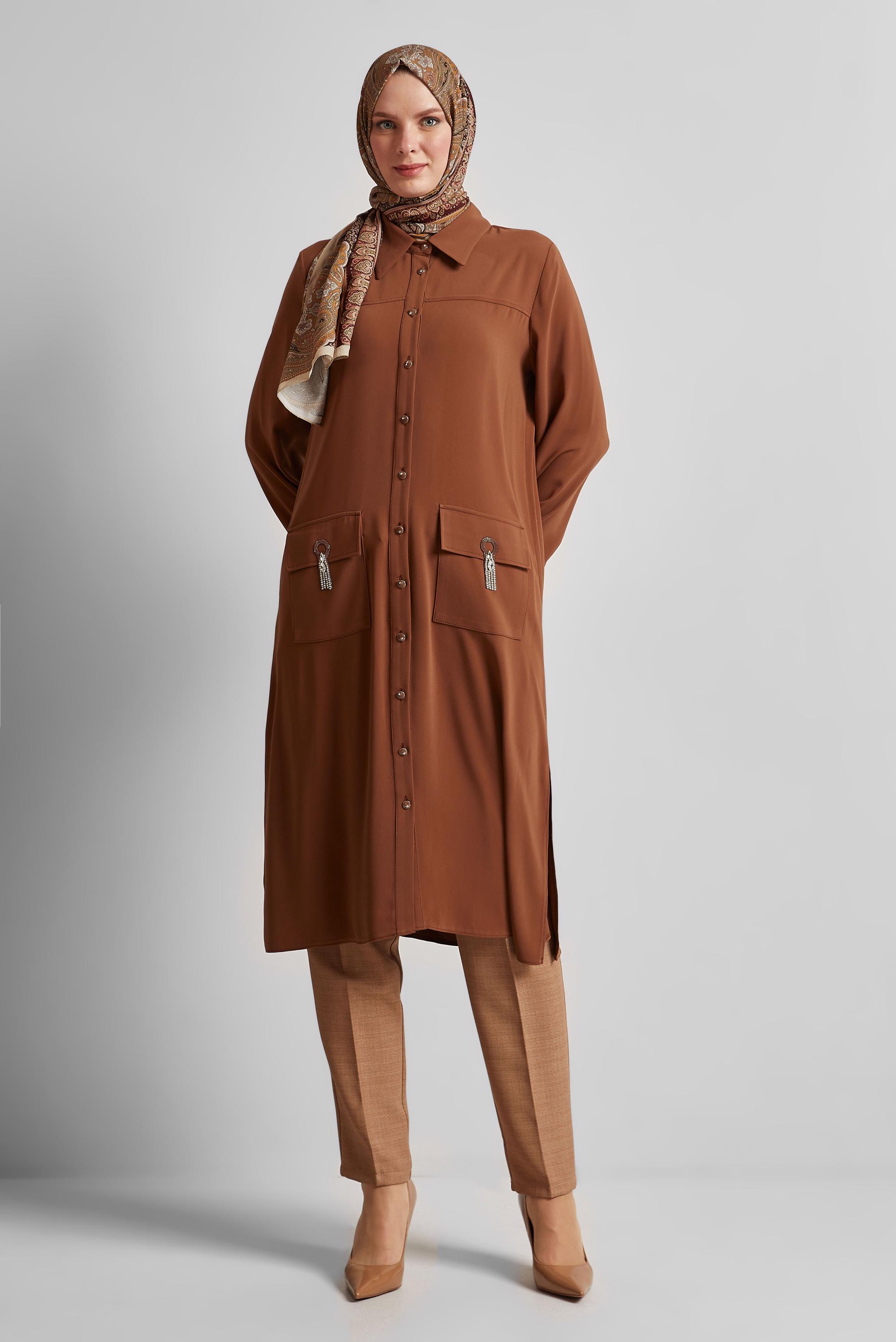 Tesettür giyim KAHVE GÖMLEK YAKA TUNİK 45517