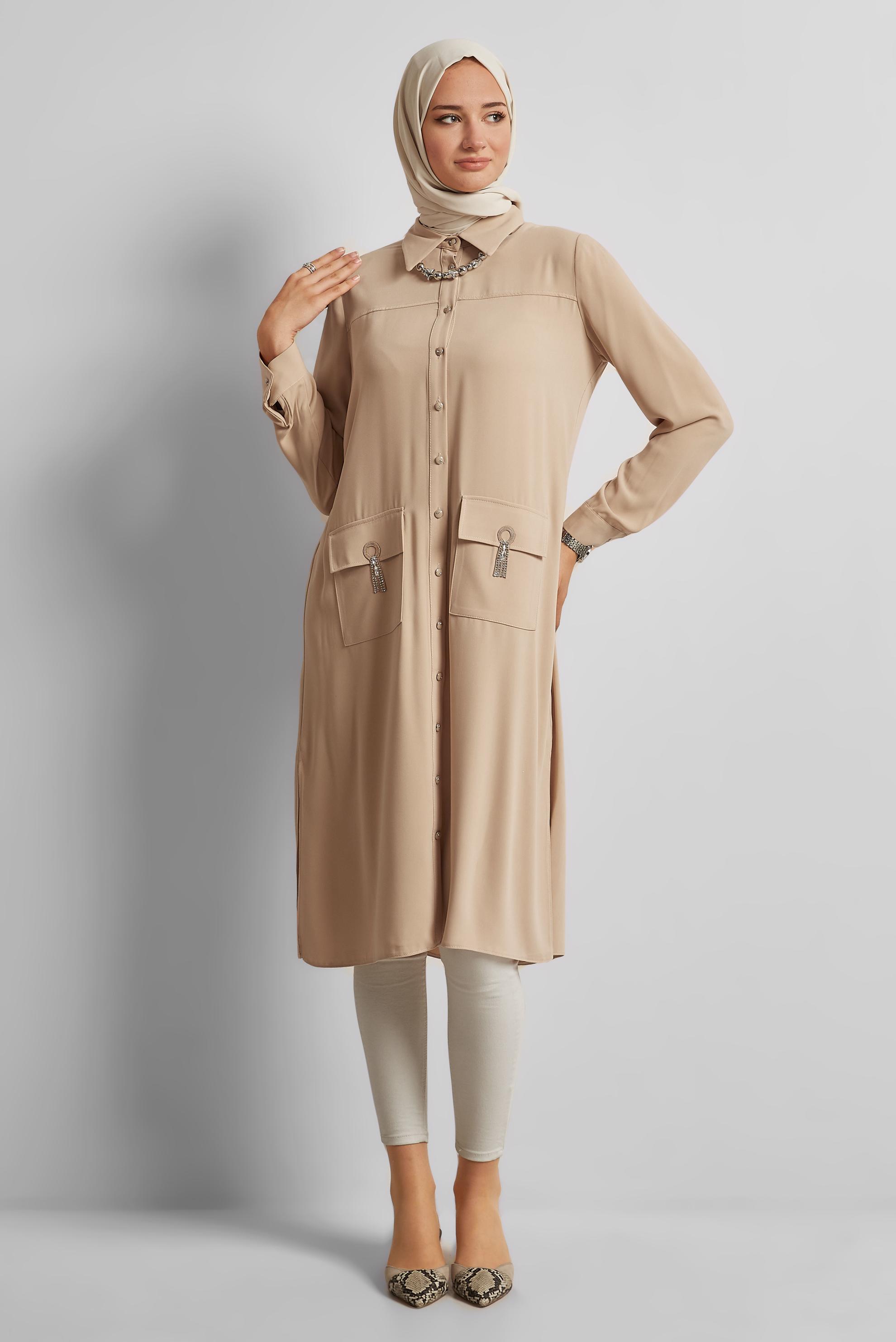 Tesettür giyim PUDRA GÖMLEK YAKA TUNİK 45517