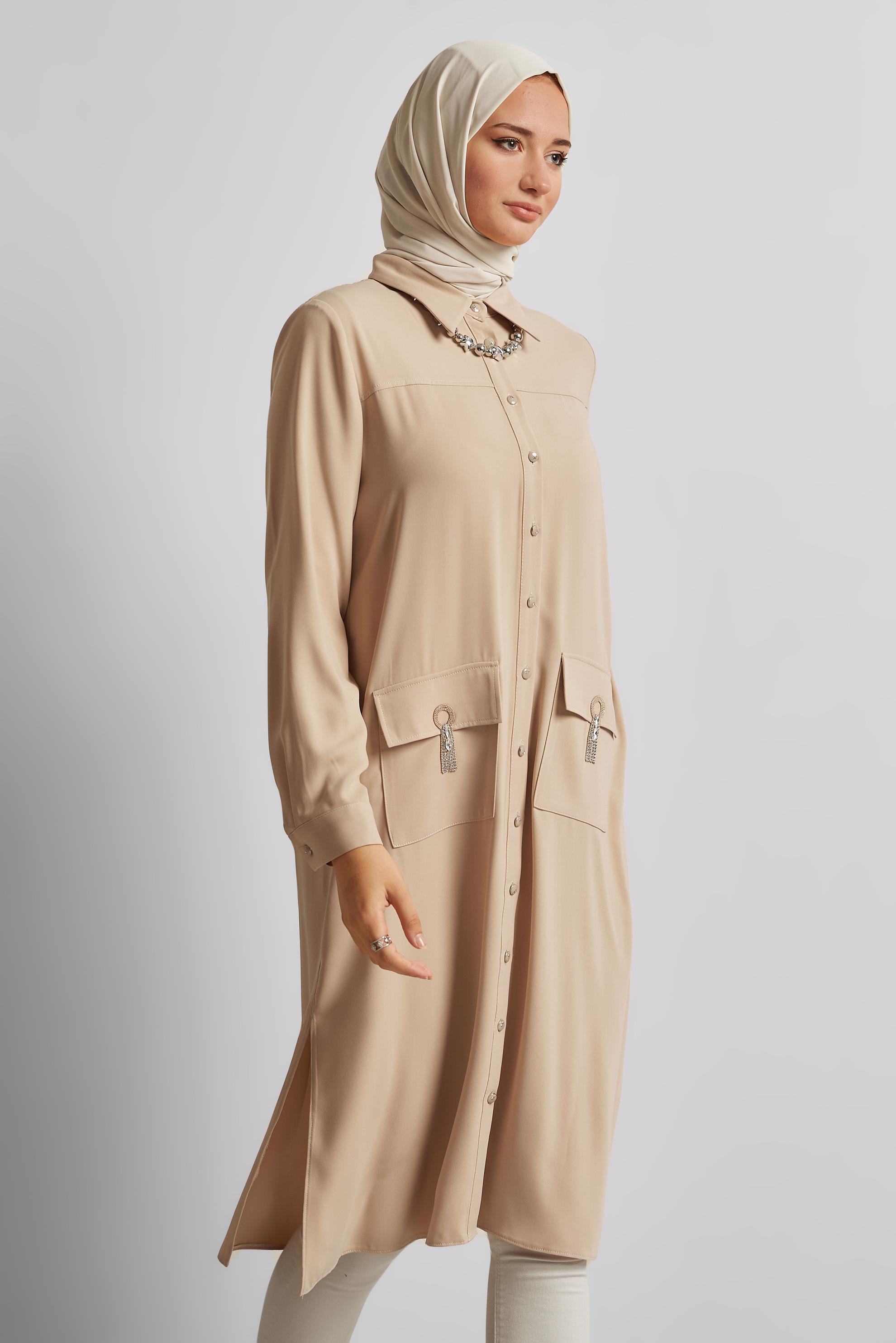 Tesettür giyim PUDRA GÖMLEK YAKA TUNİK 45517