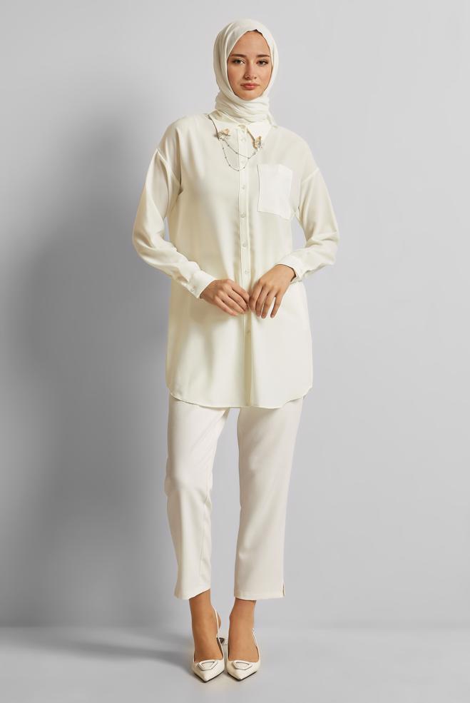 Vêtements hijab BLANC TUNIQUE AVEC BROCHE 45522 - ALVİNA