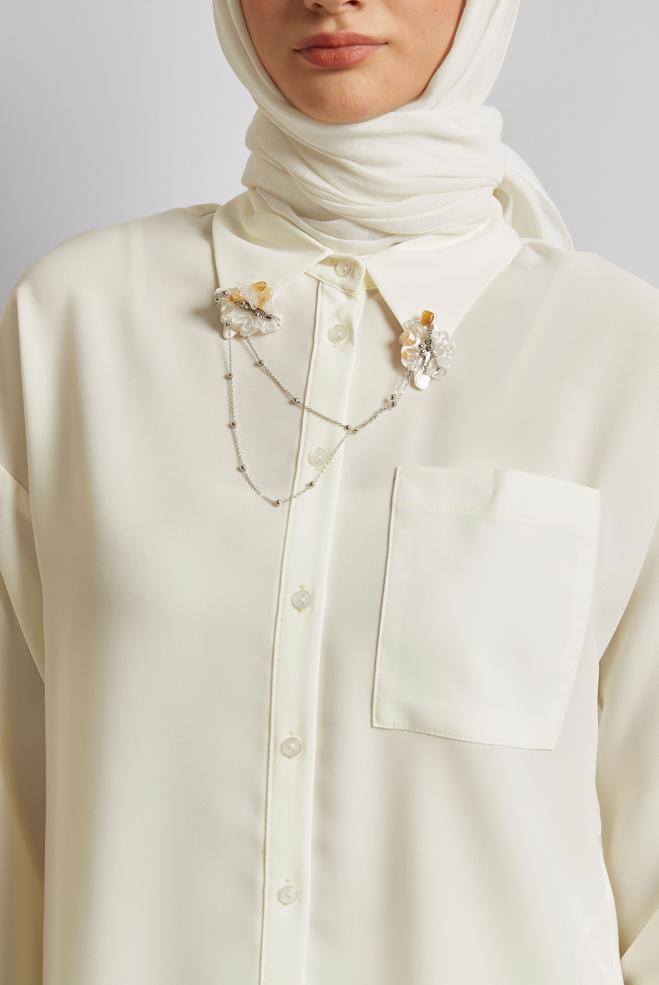 Vêtements hijab BLANC TUNIQUE AVEC BROCHE 45522 - ALVİNA