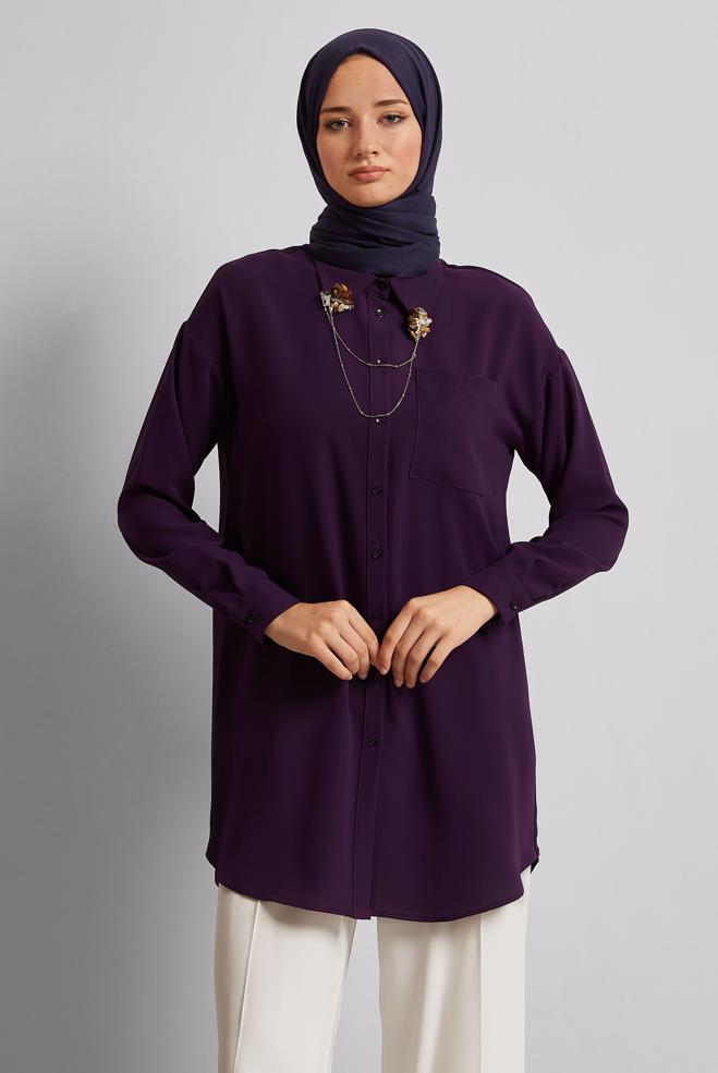 Vêtements hijab PRUNE TUNIQUE AVEC BROCHE 45522 - ALVİNA