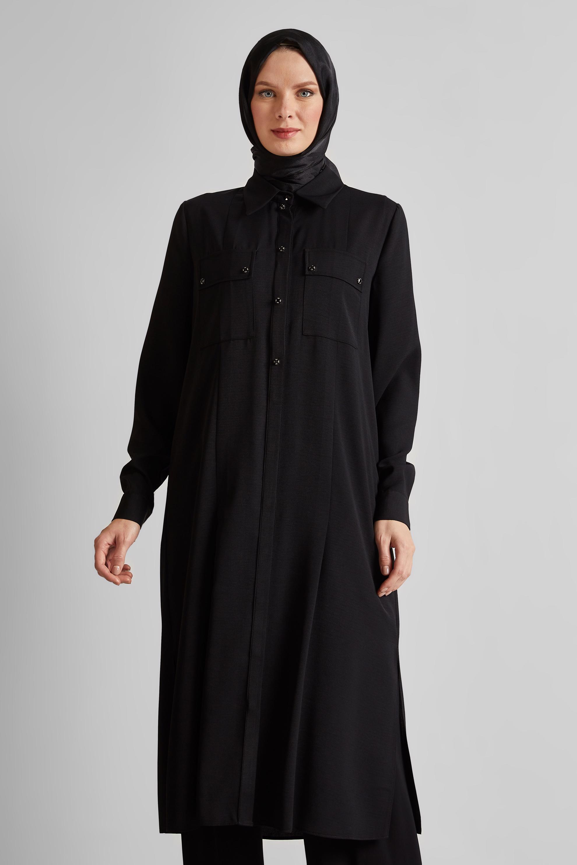 Tesettür giyim SİYAH YIRTMAÇ DETAYLI UZUN TUNİK 45532