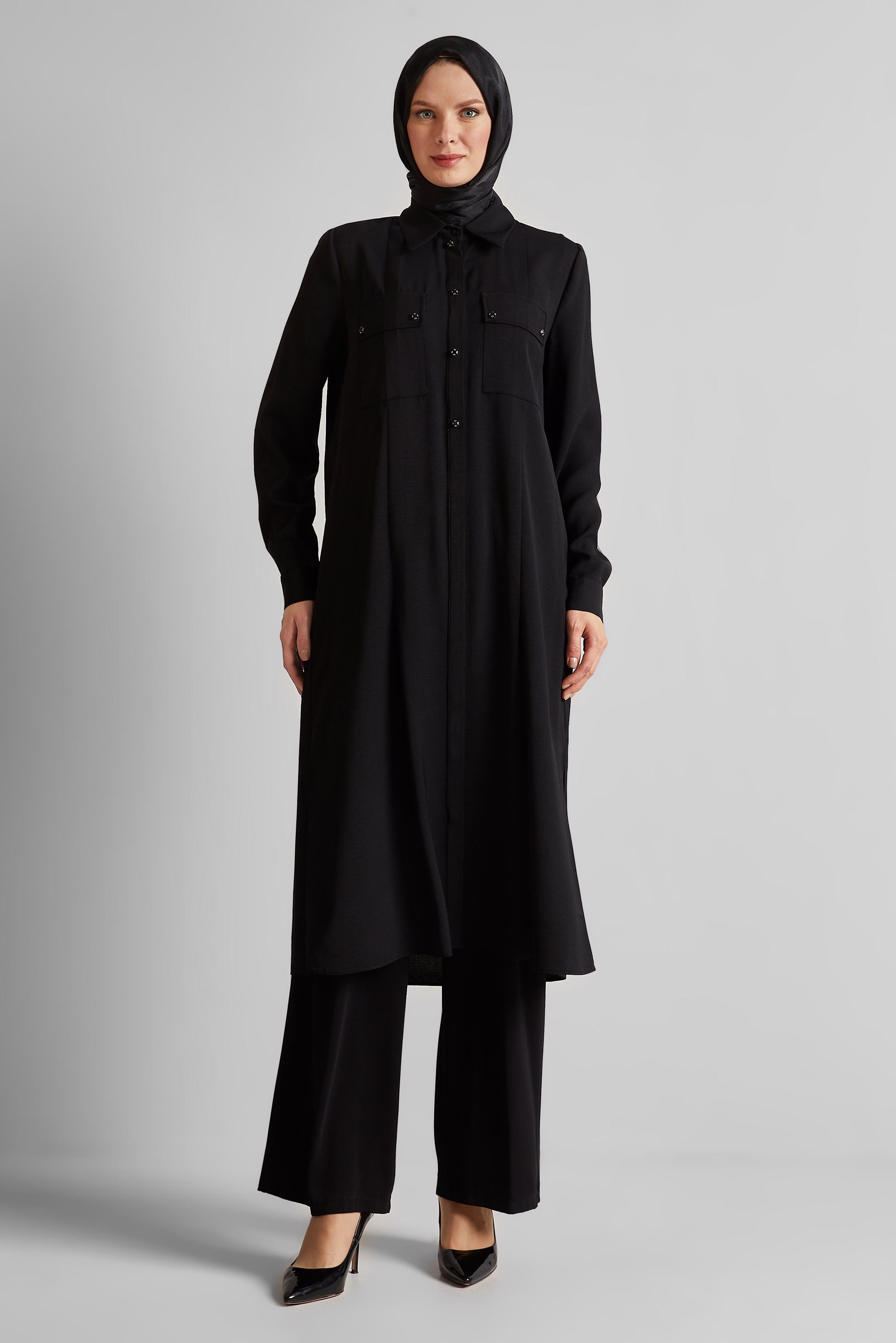 Tesettür giyim SİYAH YIRTMAÇ DETAYLI UZUN TUNİK 45532