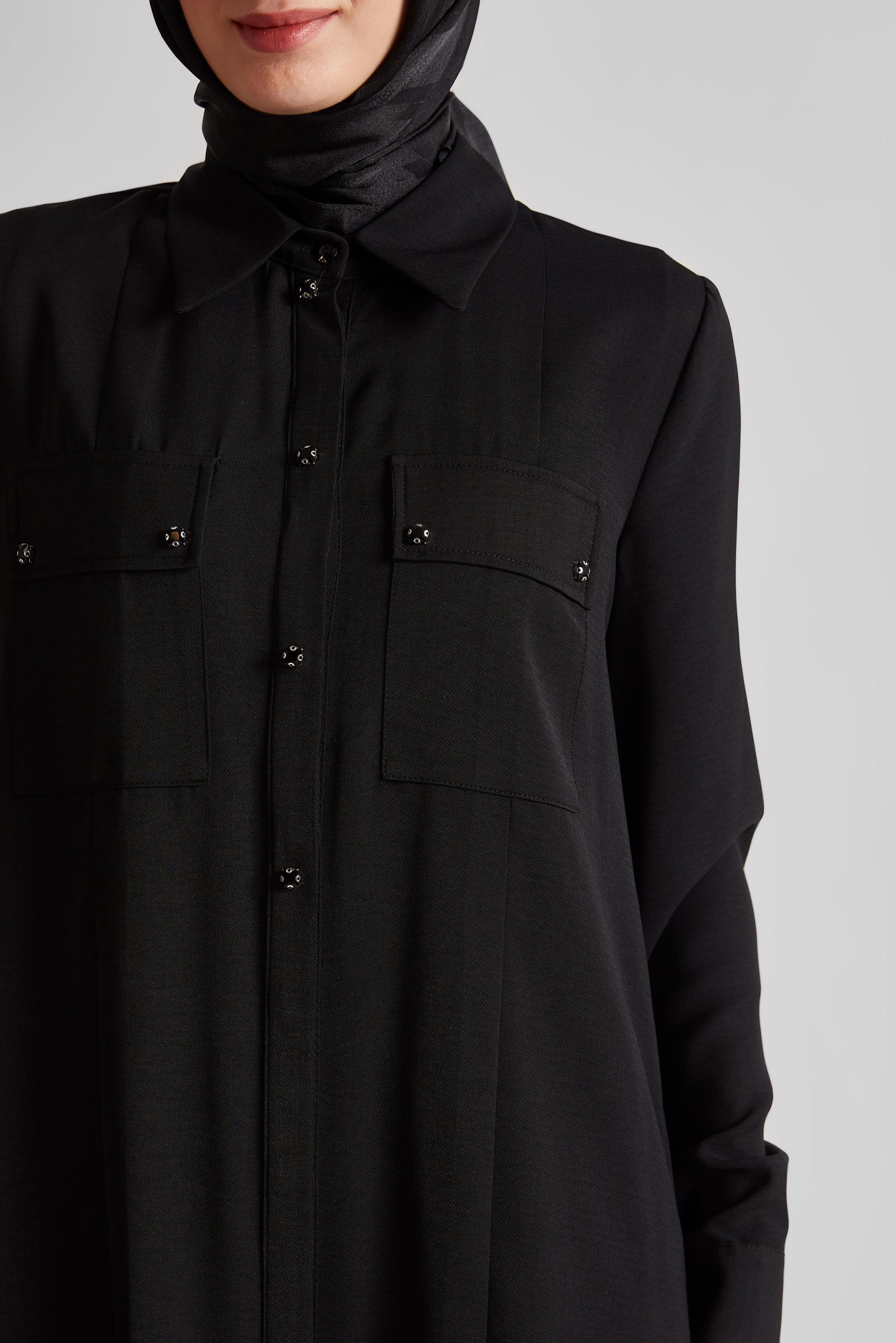 Tesettür giyim SİYAH YIRTMAÇ DETAYLI UZUN TUNİK 45532