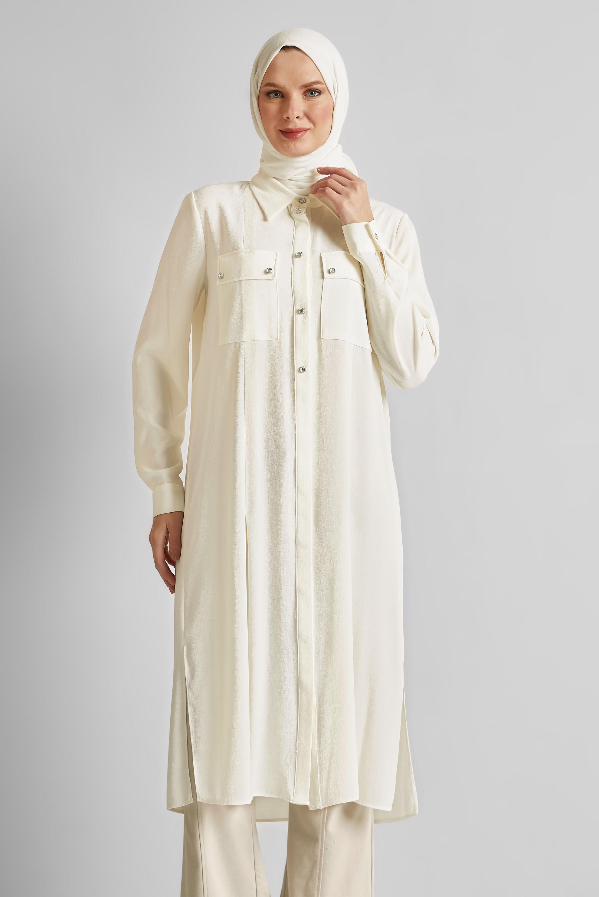 Tesettür giyim BEYAZ YIRTMAÇ DETAYLI UZUN TUNİK 45532